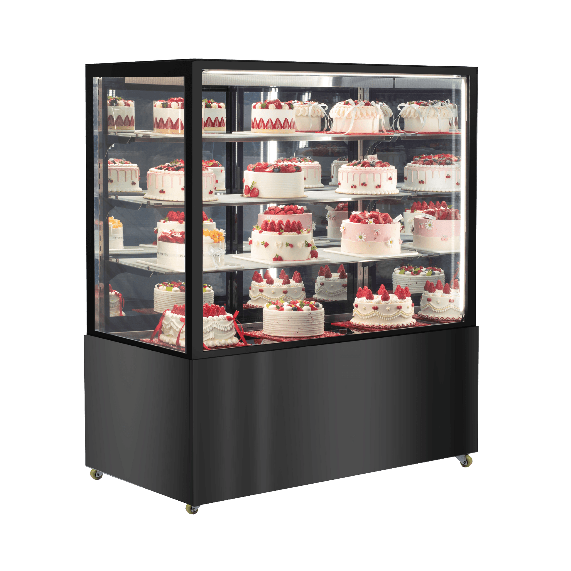 Black stainless steel and glass four-tier refrigerated cake display with multiple white cakes topped with red decorations.