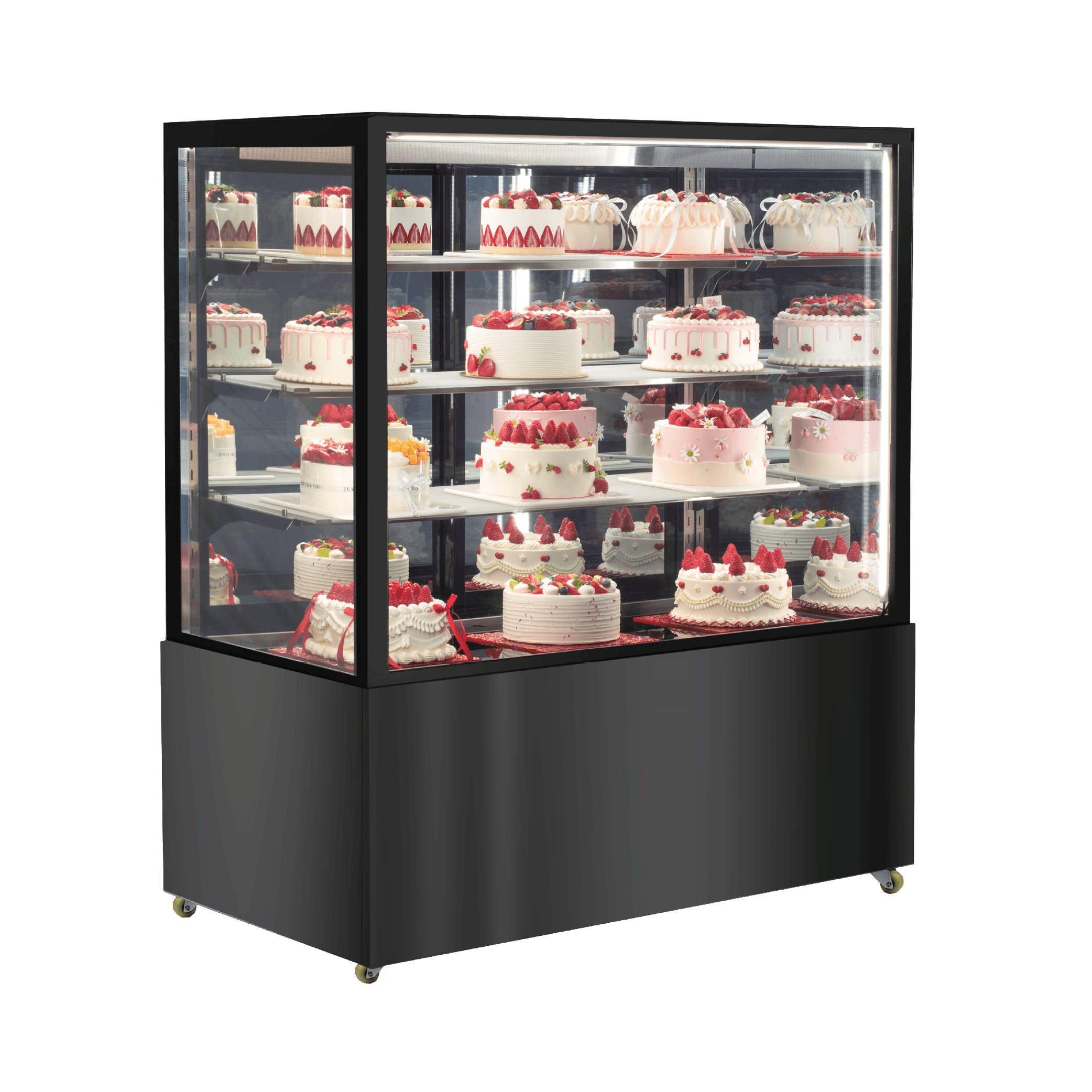 Black stainless steel and glass four-tier refrigerated cake display with multiple white cakes topped with red decorations.