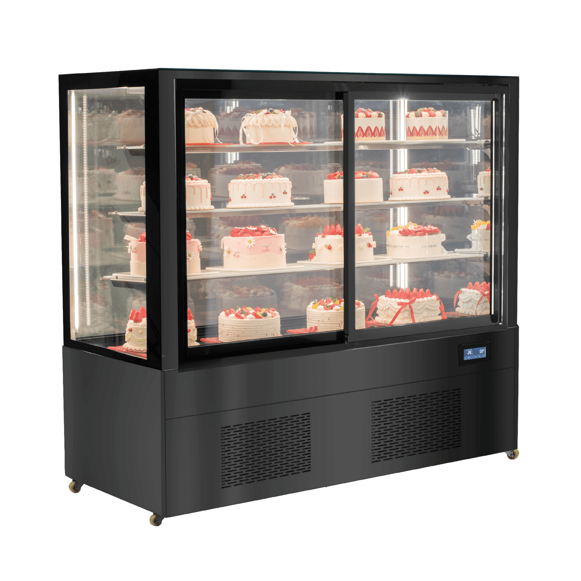 Black stainless steel four-tier refrigerated cake display with glass panels and LED lighting.