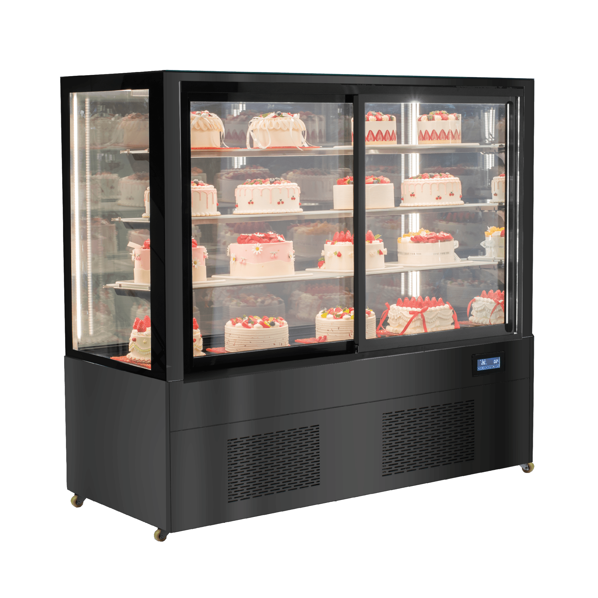 Black stainless steel four-tier refrigerated cake display with glass panels and LED lighting.