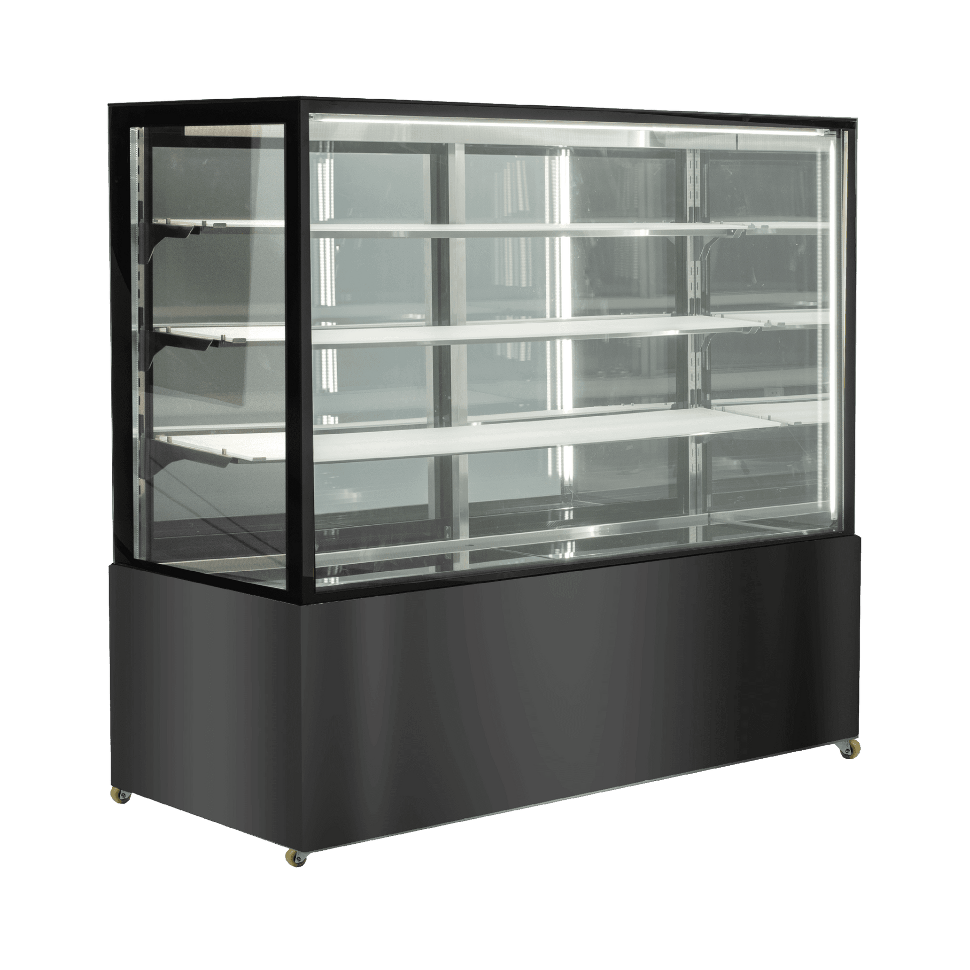 Black stainless steel refrigerated cake display with four glass-tiered shelves and mirrored back panel, 1500mm wide.