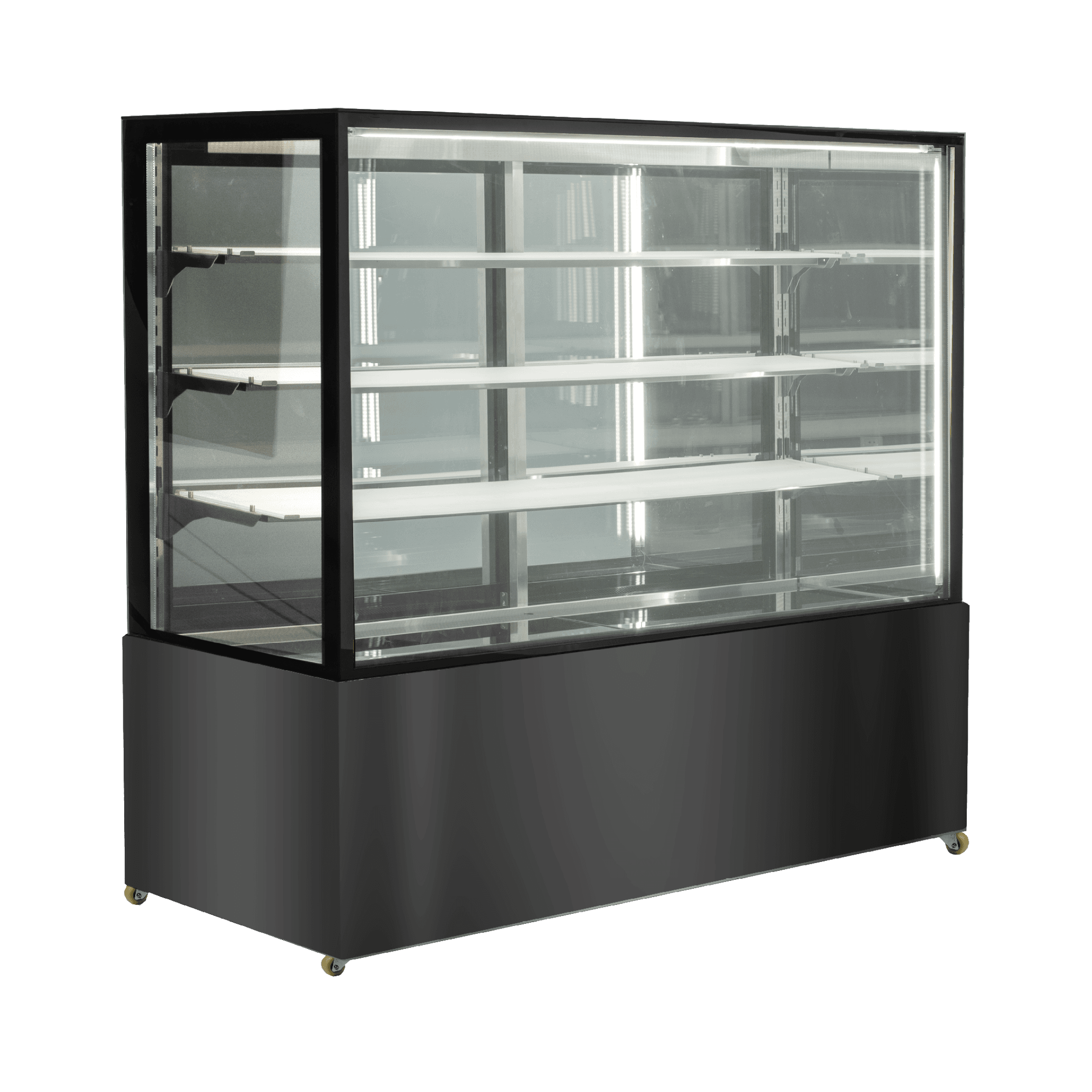 Black stainless steel refrigerated cake display with four glass-tiered shelves and mirrored back panel, 1500mm wide.