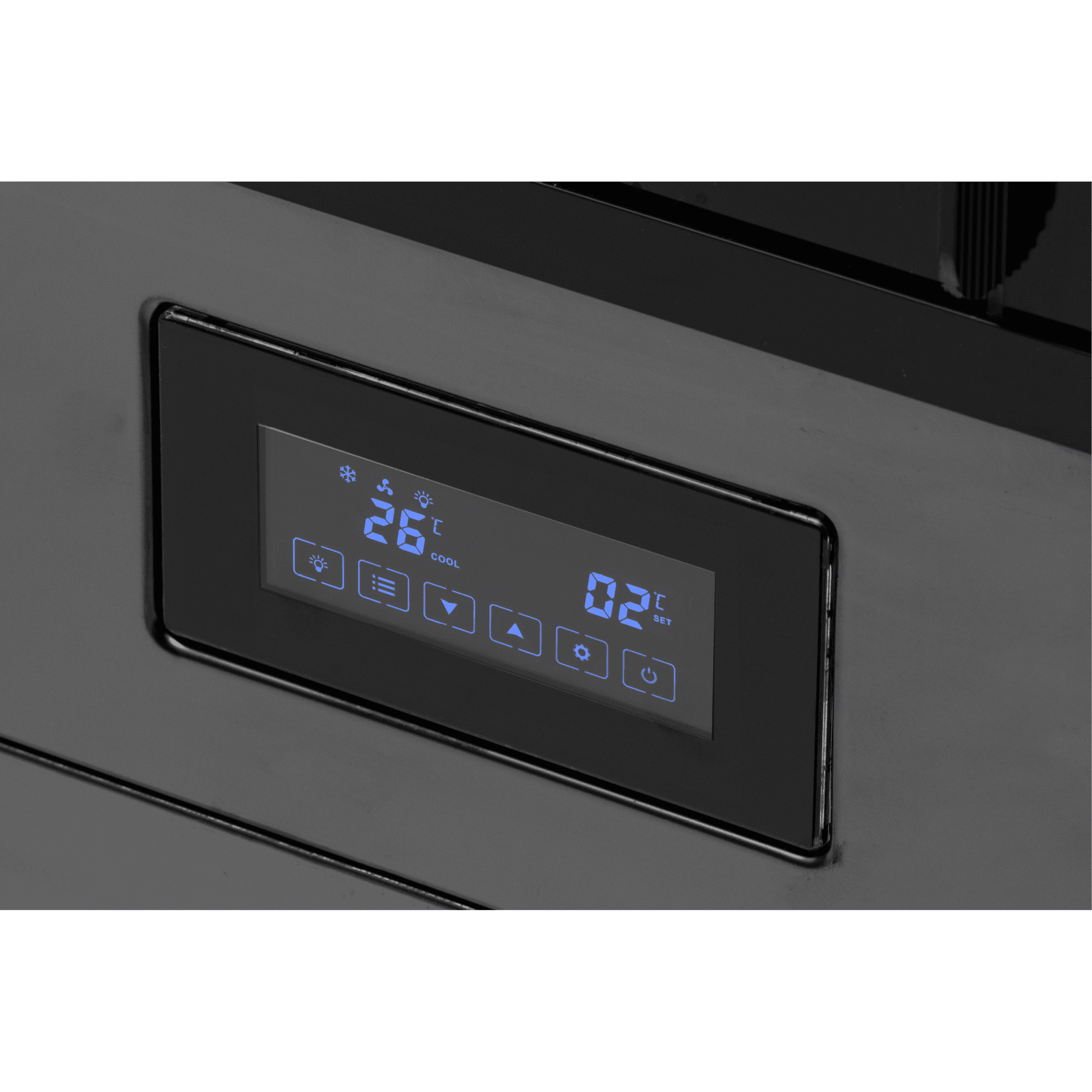Close-up of a black stainless steel control panel with digital temperature display and touch buttons.
