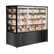 Four-tier black stainless steel and glass cake display refrigerator with multiple decorated cakes inside.
