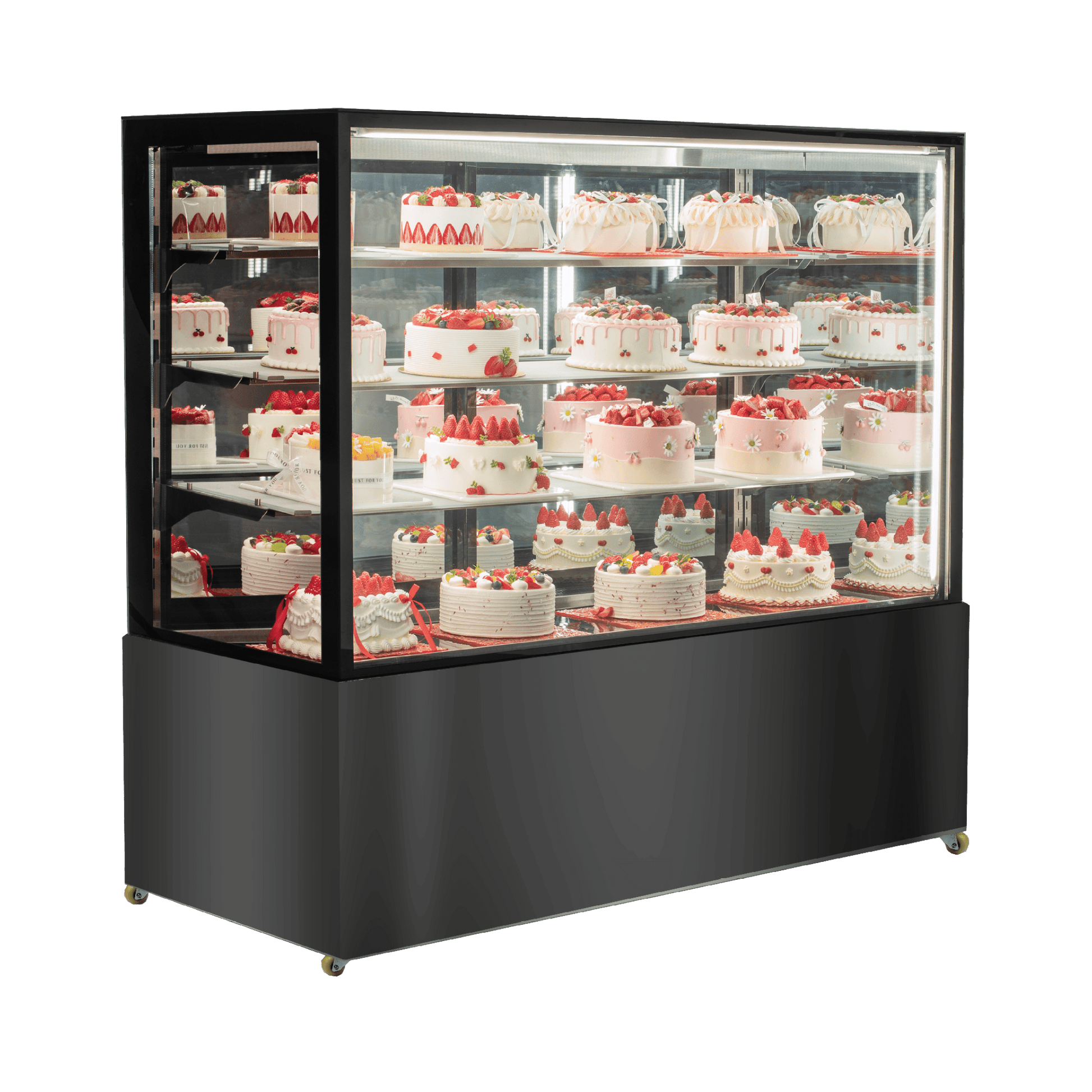 Four-tier black stainless steel and glass cake display refrigerator with multiple decorated cakes inside.