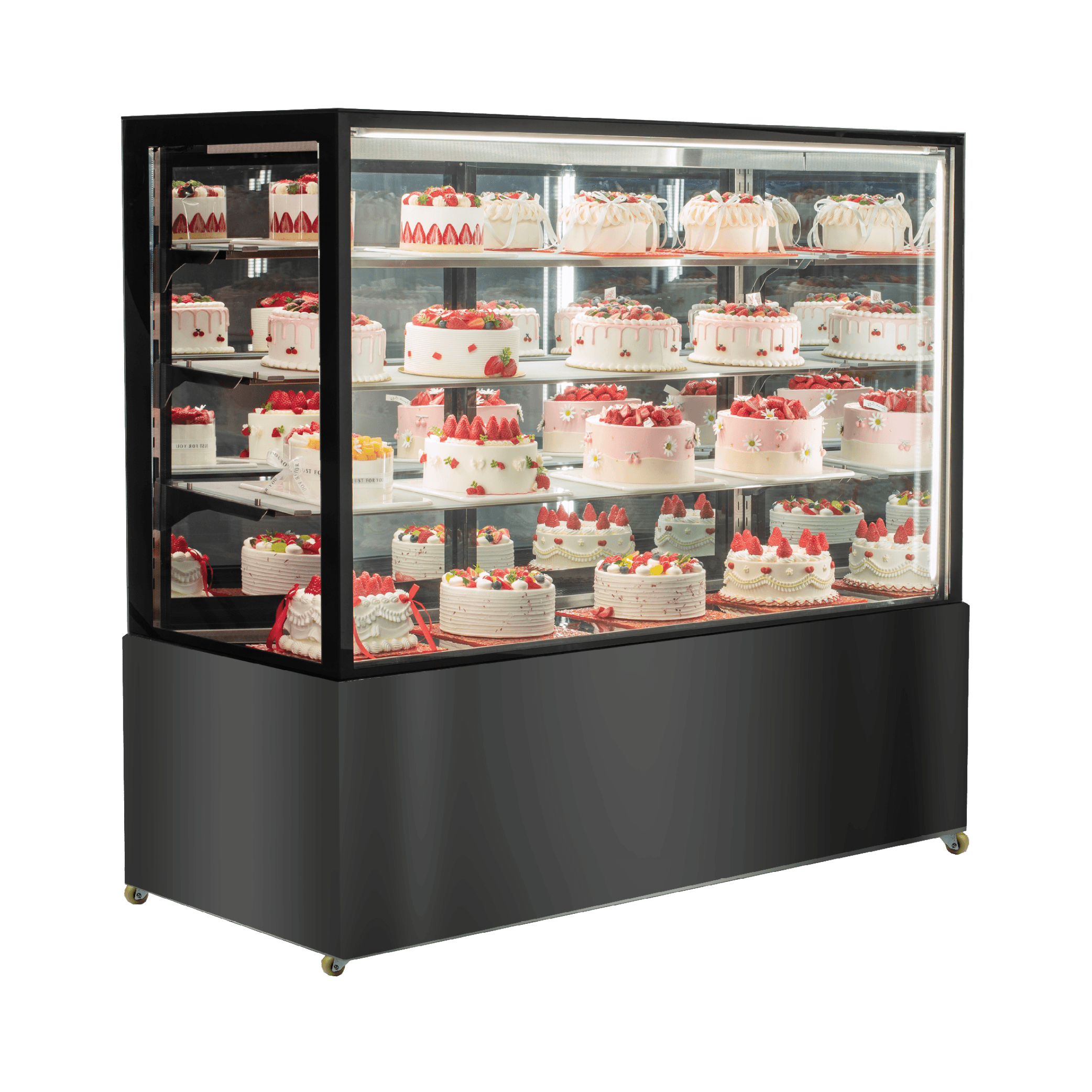 Four-tier black stainless steel and glass cake display refrigerator with multiple decorated cakes inside.