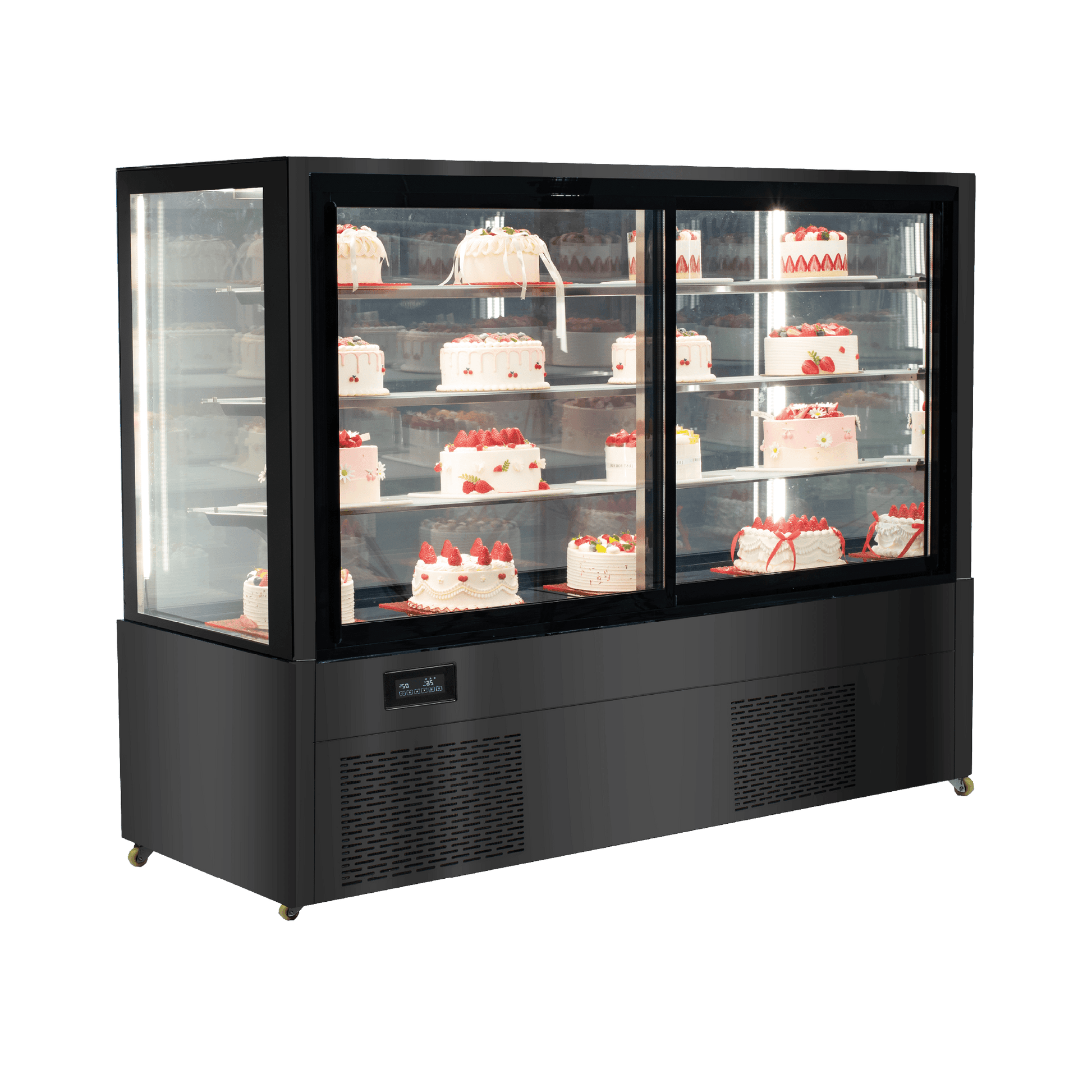 Four-tier black stainless steel and glass cake display refrigerator with cakes inside.