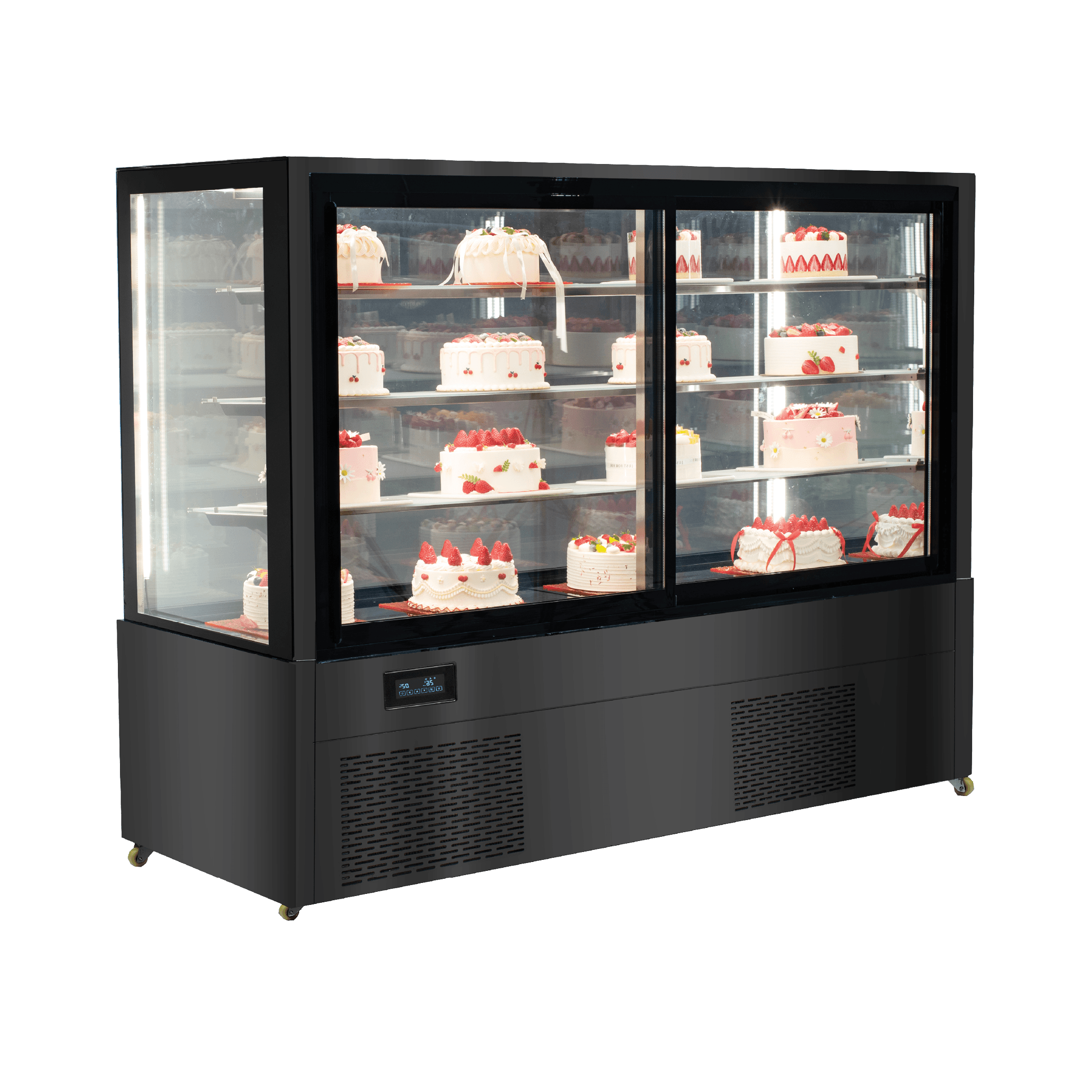 Four-tier black stainless steel and glass cake display refrigerator with cakes inside.