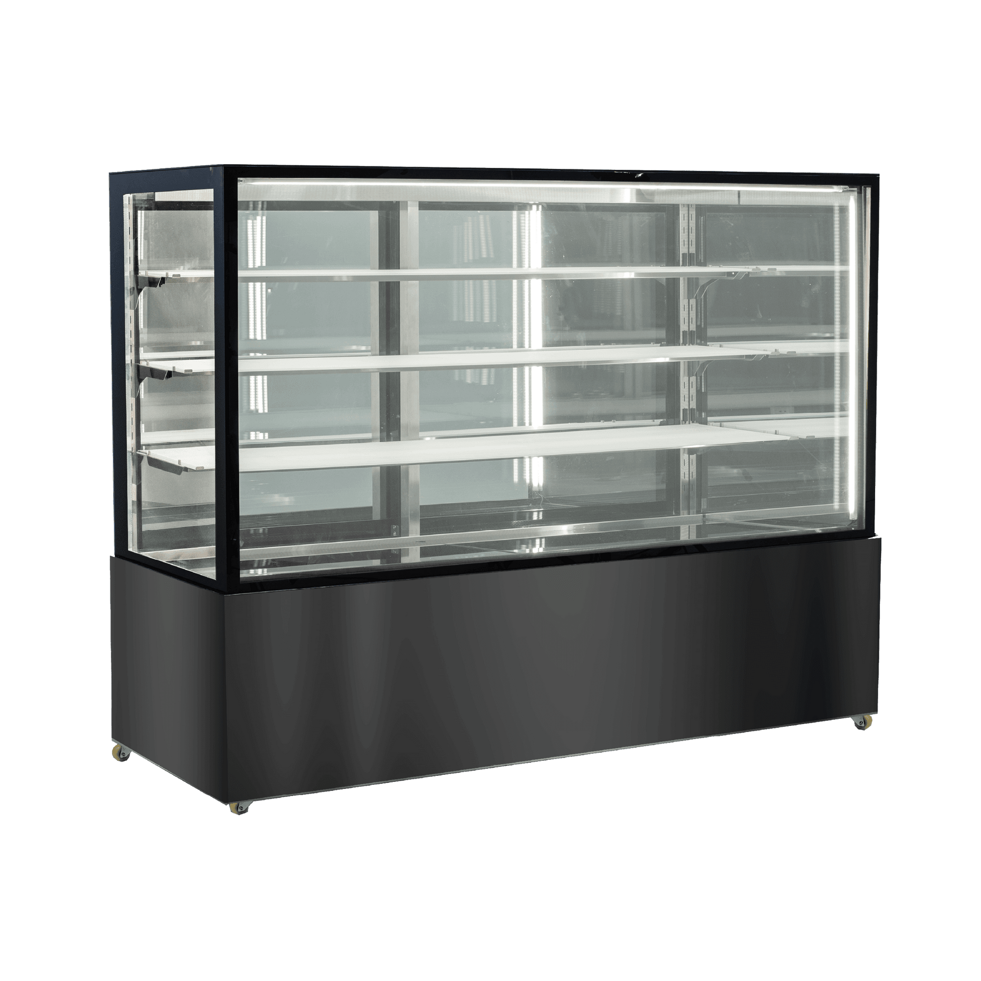 Black stainless steel refrigerated cake display with four glass shelves and clear glass panels on all sides.