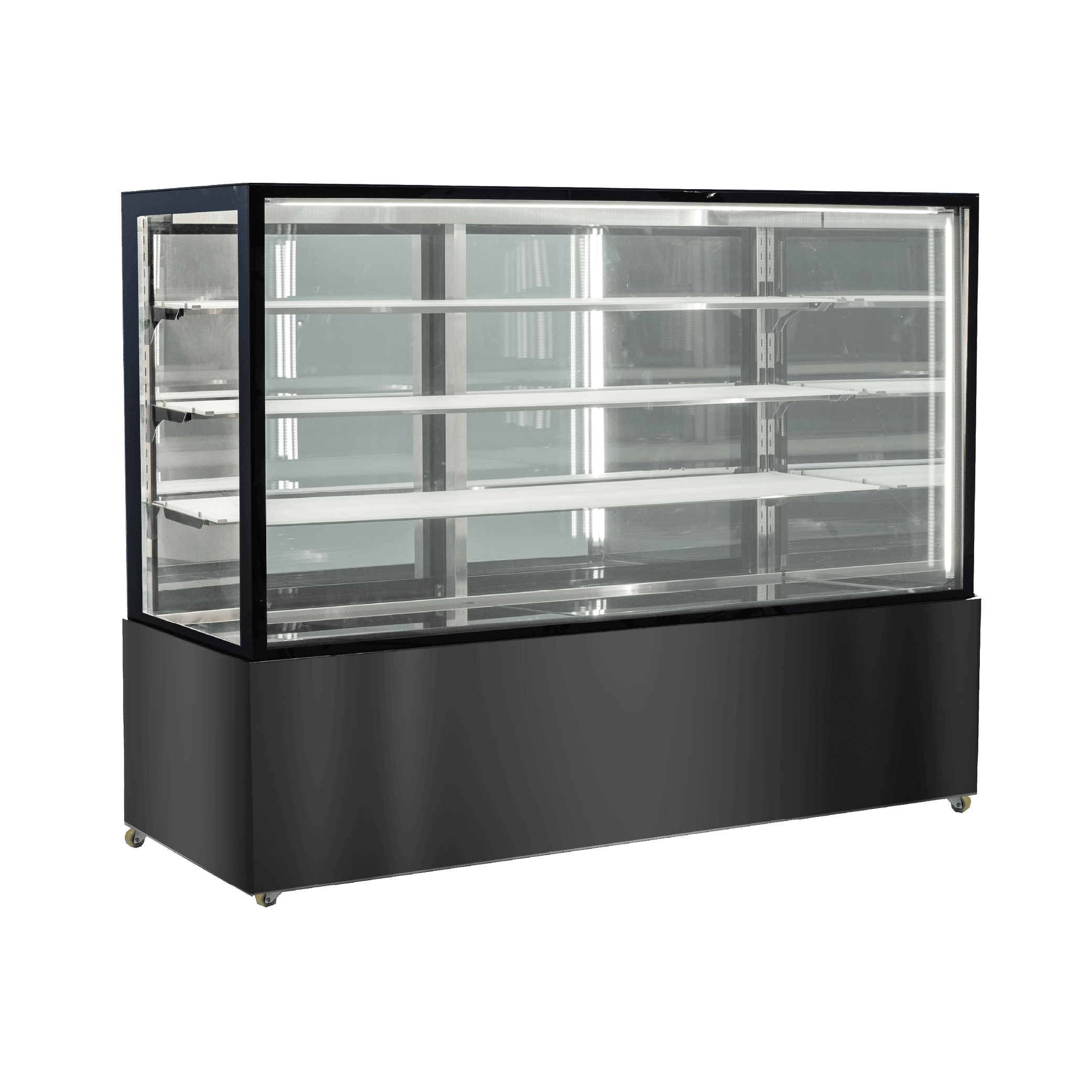 Black stainless steel refrigerated cake display with four glass shelves and clear glass panels on all sides.