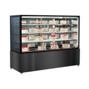 Black stainless steel four-tier cake display refrigerator with glass panels and mirrored back, showcasing assorted decorated .