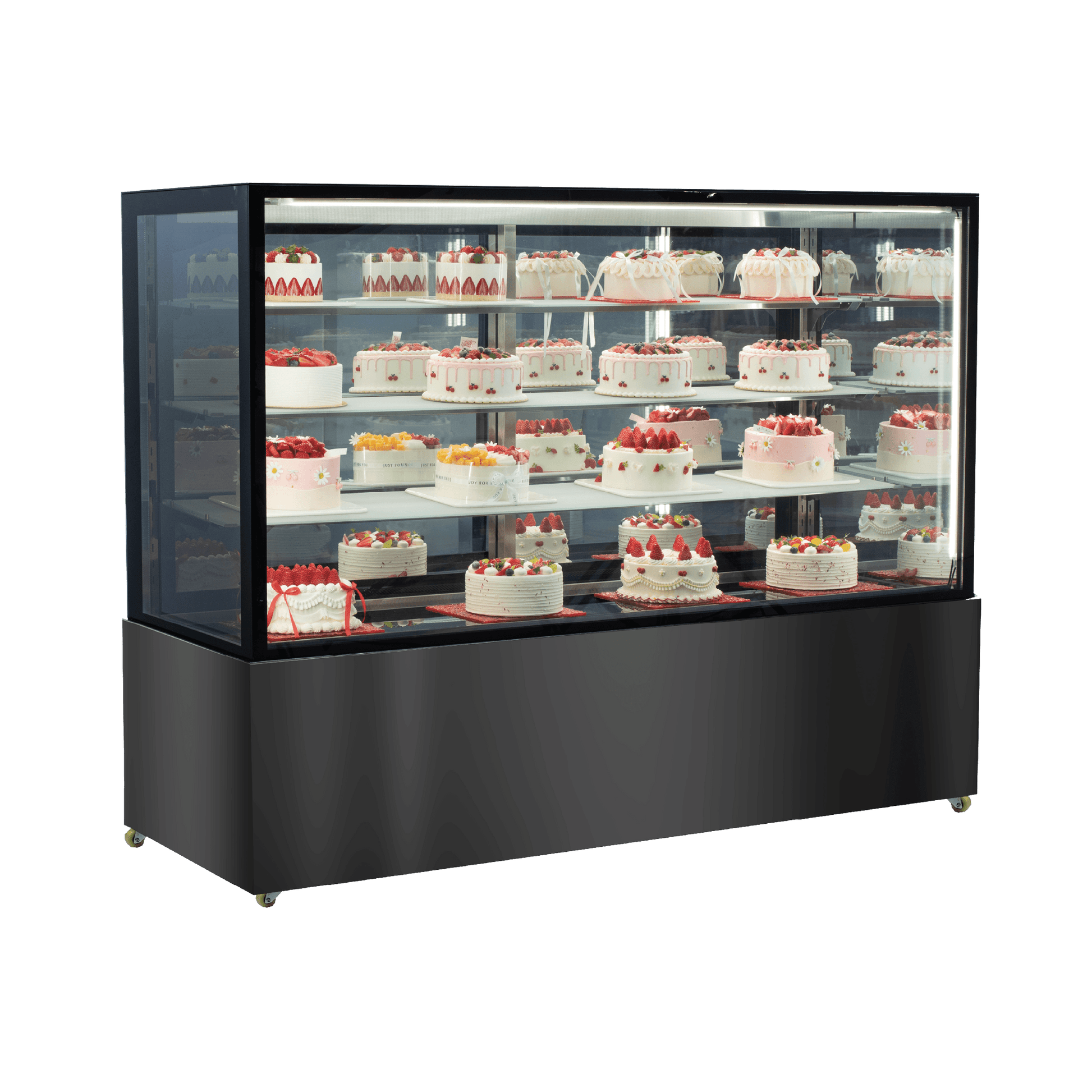 Black stainless steel four-tier cake display refrigerator with glass panels and mirrored back, showcasing assorted decorated .