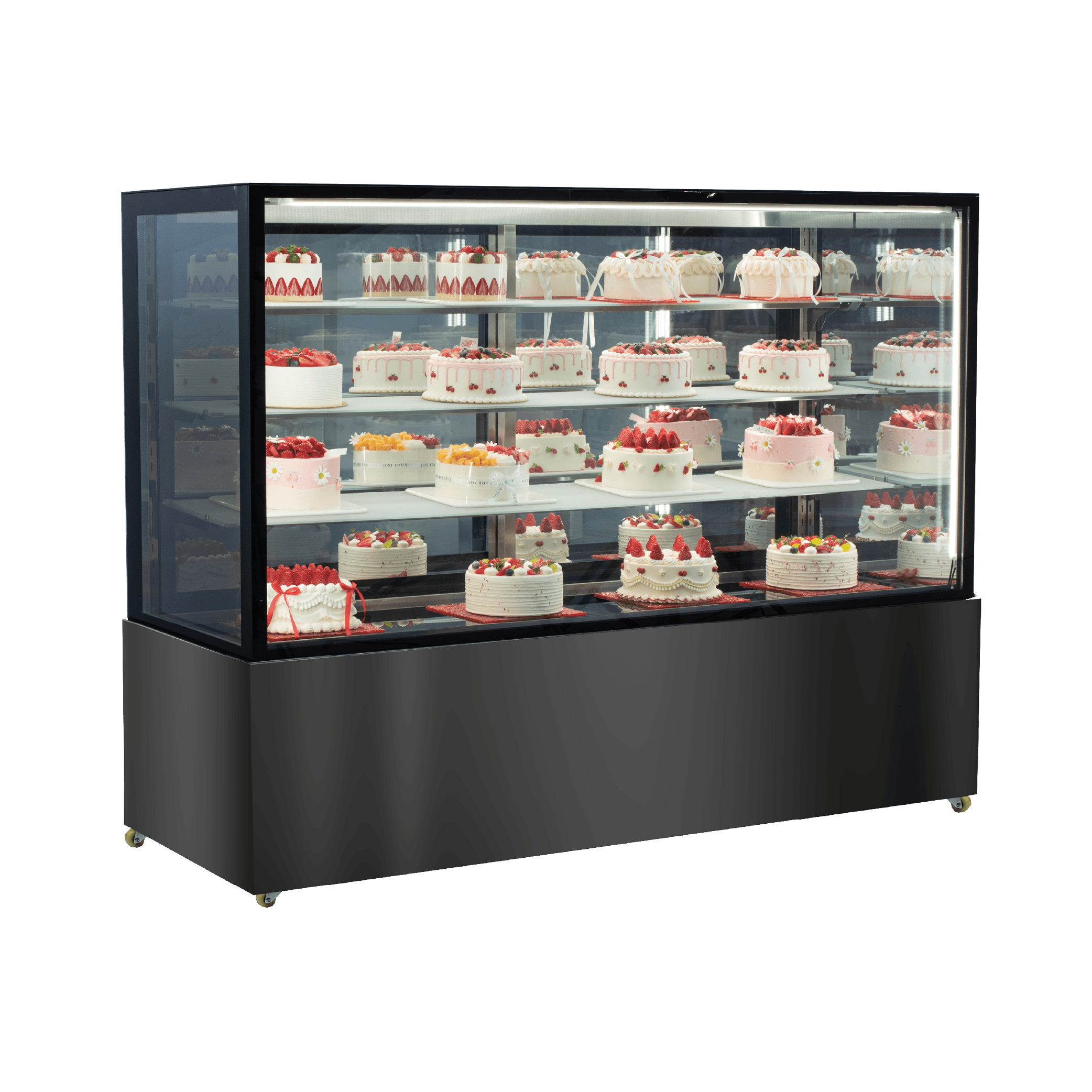 Black stainless steel four-tier cake display refrigerator with glass panels and mirrored back, showcasing assorted decorated .