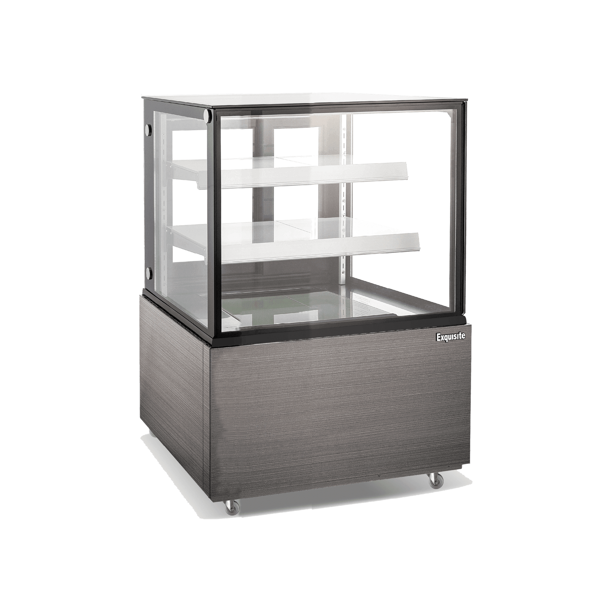 Three-tier refrigerated cake display with black panel and glass sides on painted steel base.