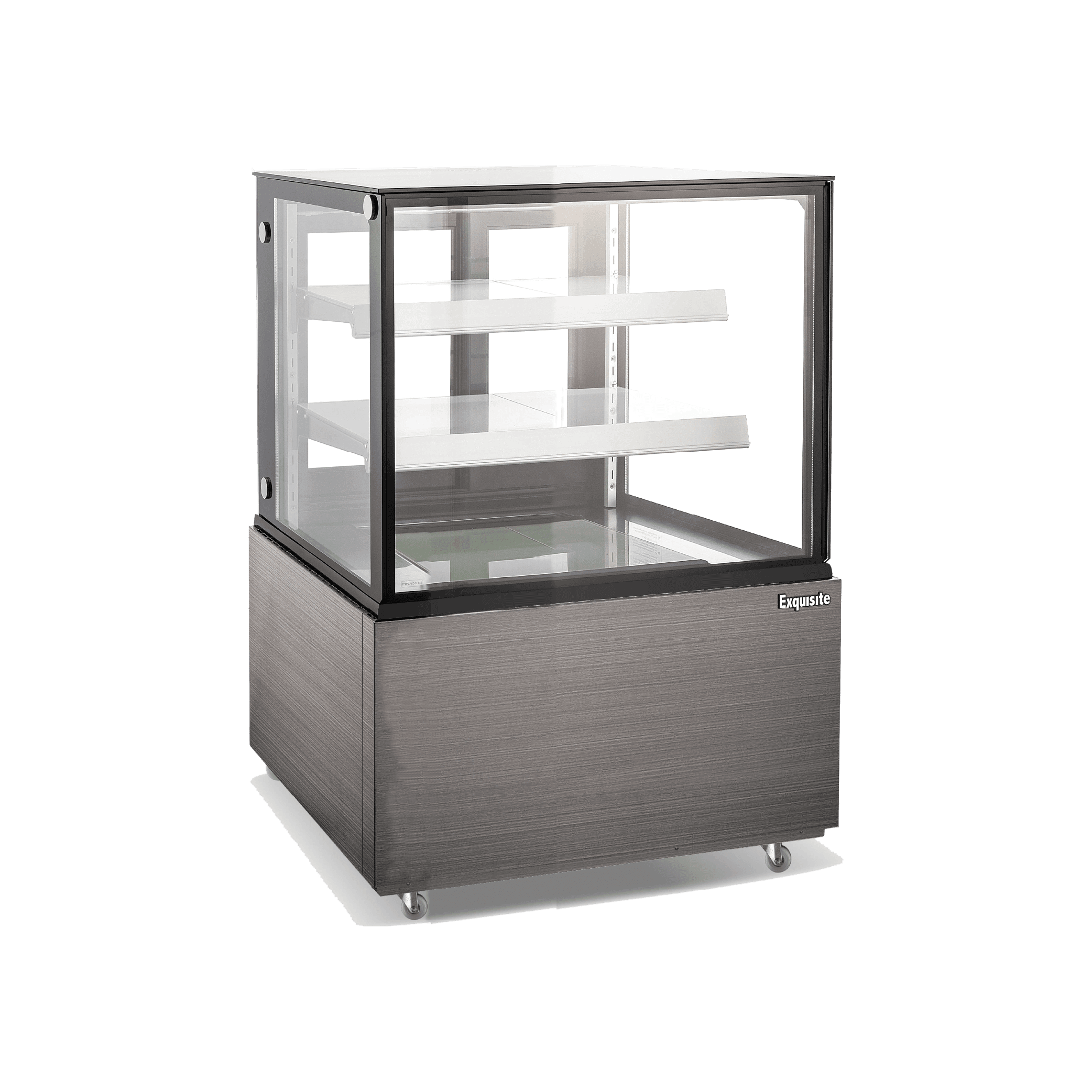 Three-tier refrigerated cake display with black panel and glass sides on painted steel base.