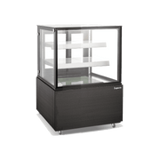 Black three-tier refrigerated cake display with glass panels and steel base, 940mm width.