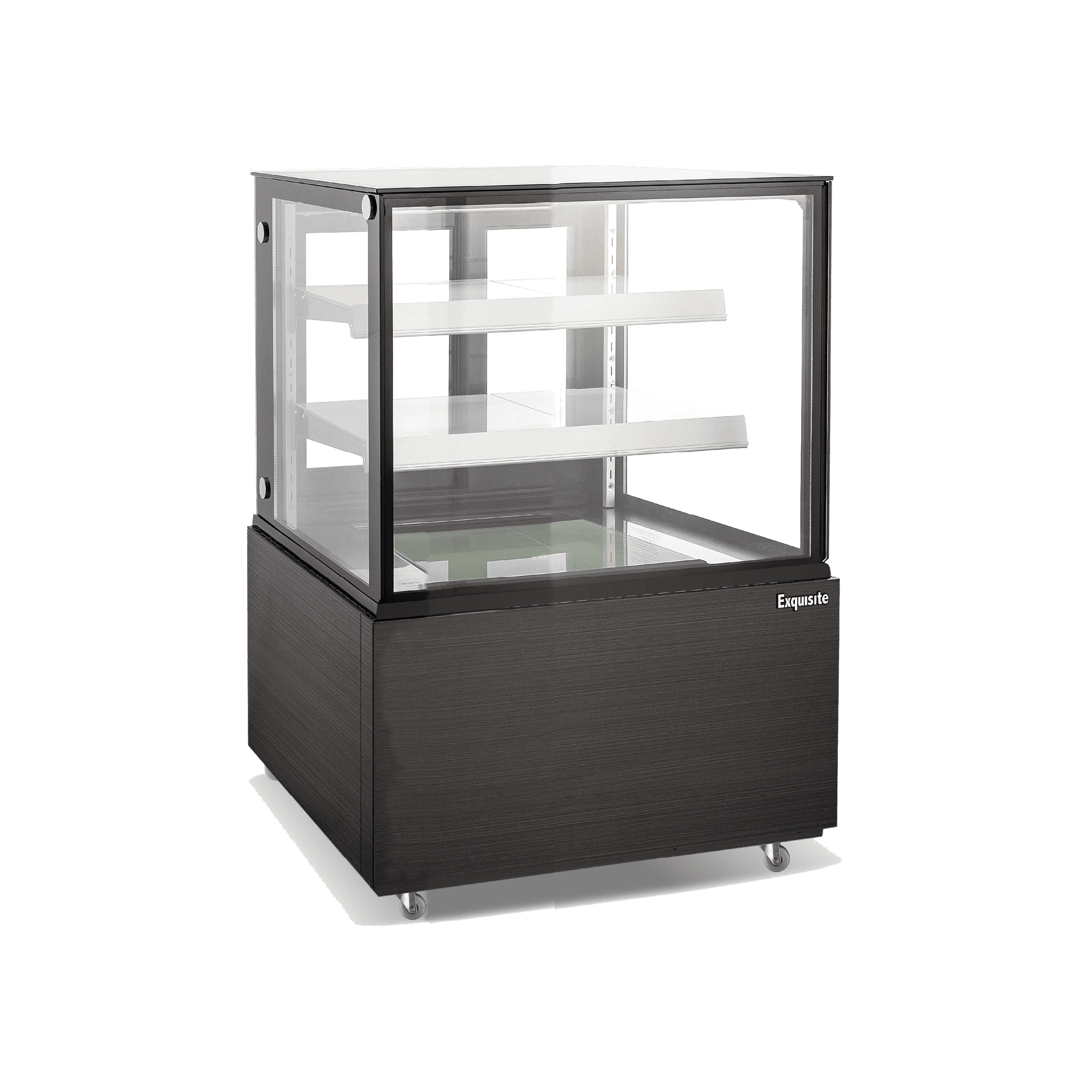 Black three-tier refrigerated cake display with glass panels and steel base, 940mm width.