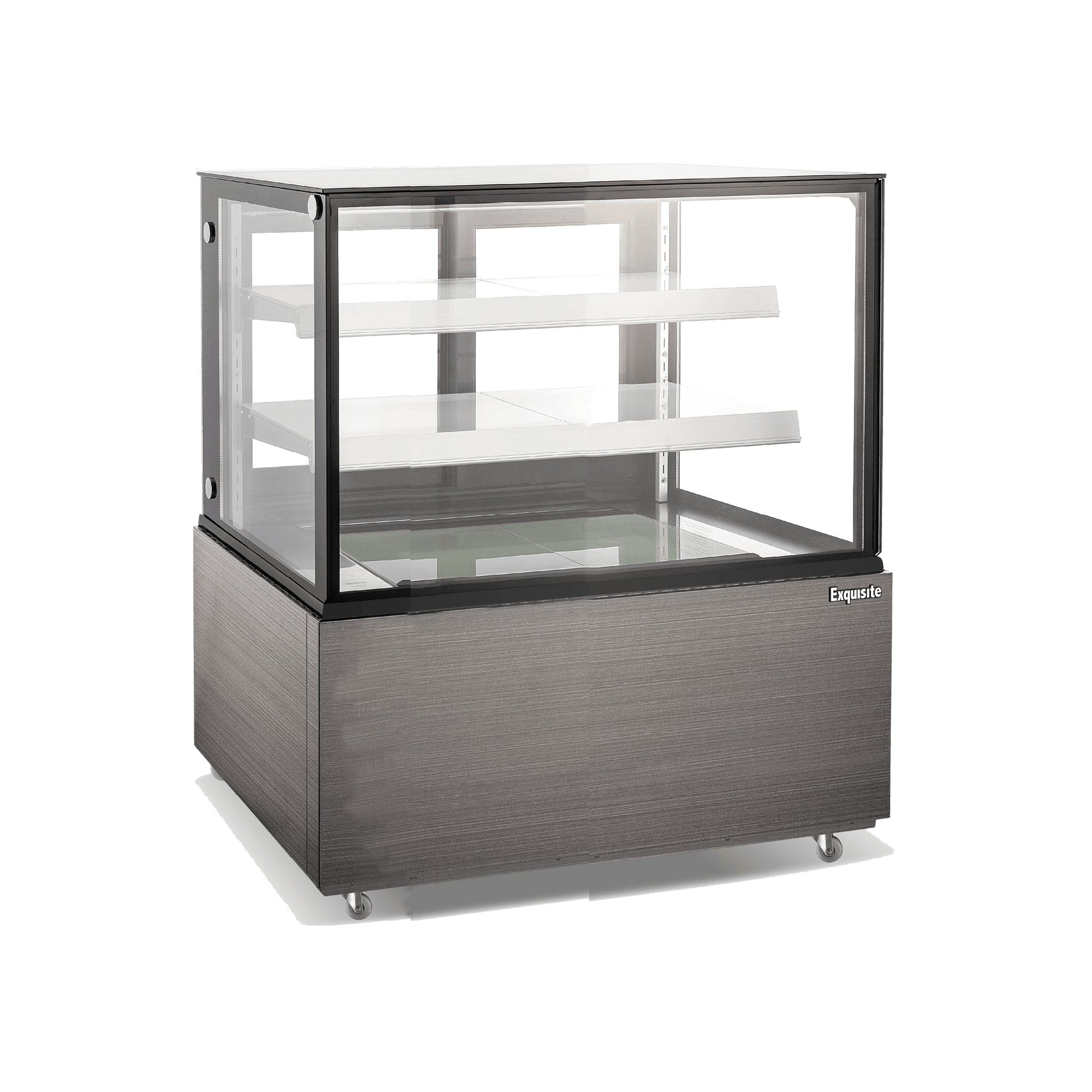 Three-tier cake display refrigerator with black panel and glass shelves on painted steel base.