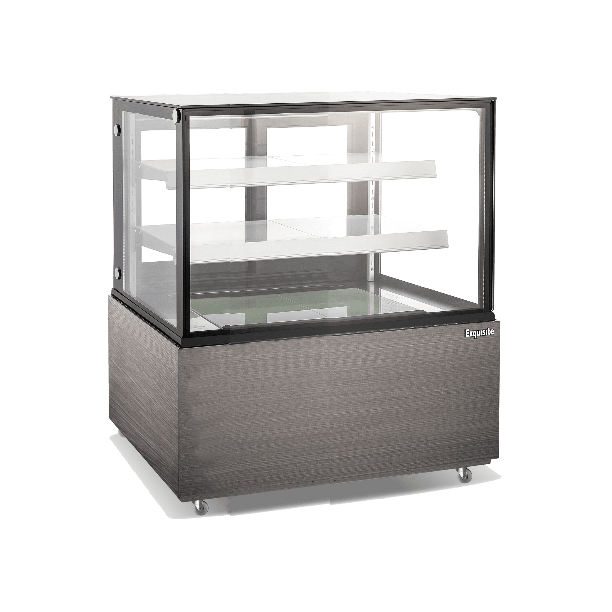 Three-tier cake display refrigerator with black panel and glass shelves on painted steel base.