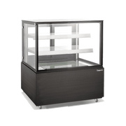Black three-tier cake display refrigerator with glass panels and painted steel base, 1240mm wide.
