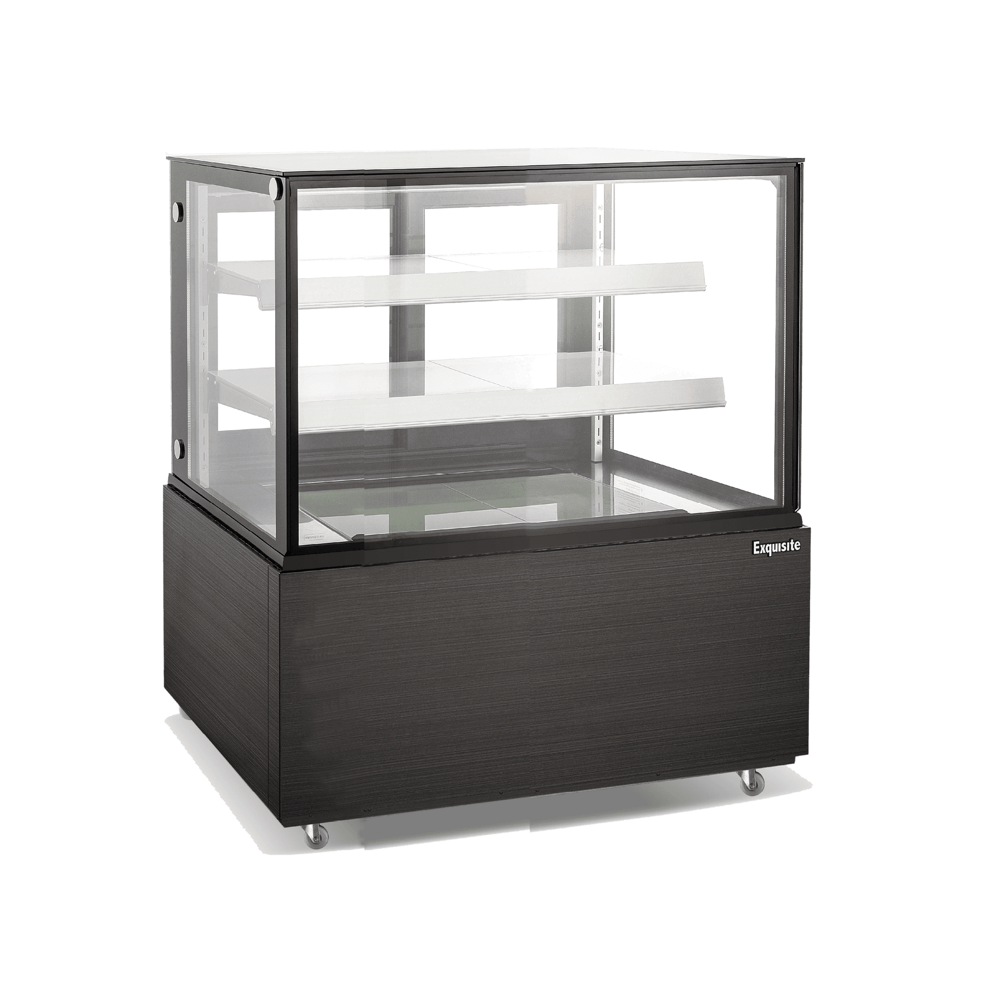 Black three-tier cake display refrigerator with glass panels and painted steel base, 1240mm wide.