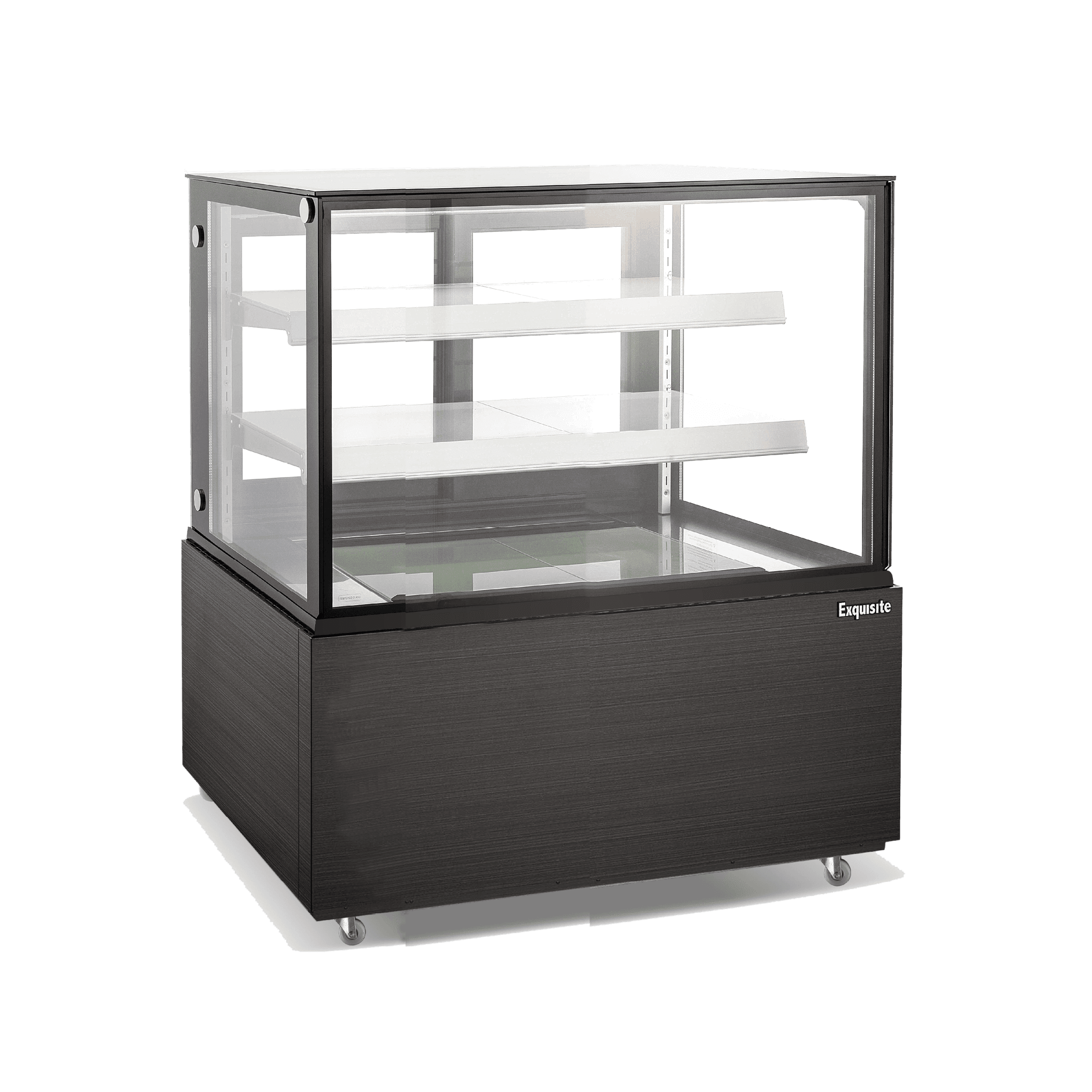 Black three-tier cake display refrigerator with glass panels and painted steel base, 1240mm wide.