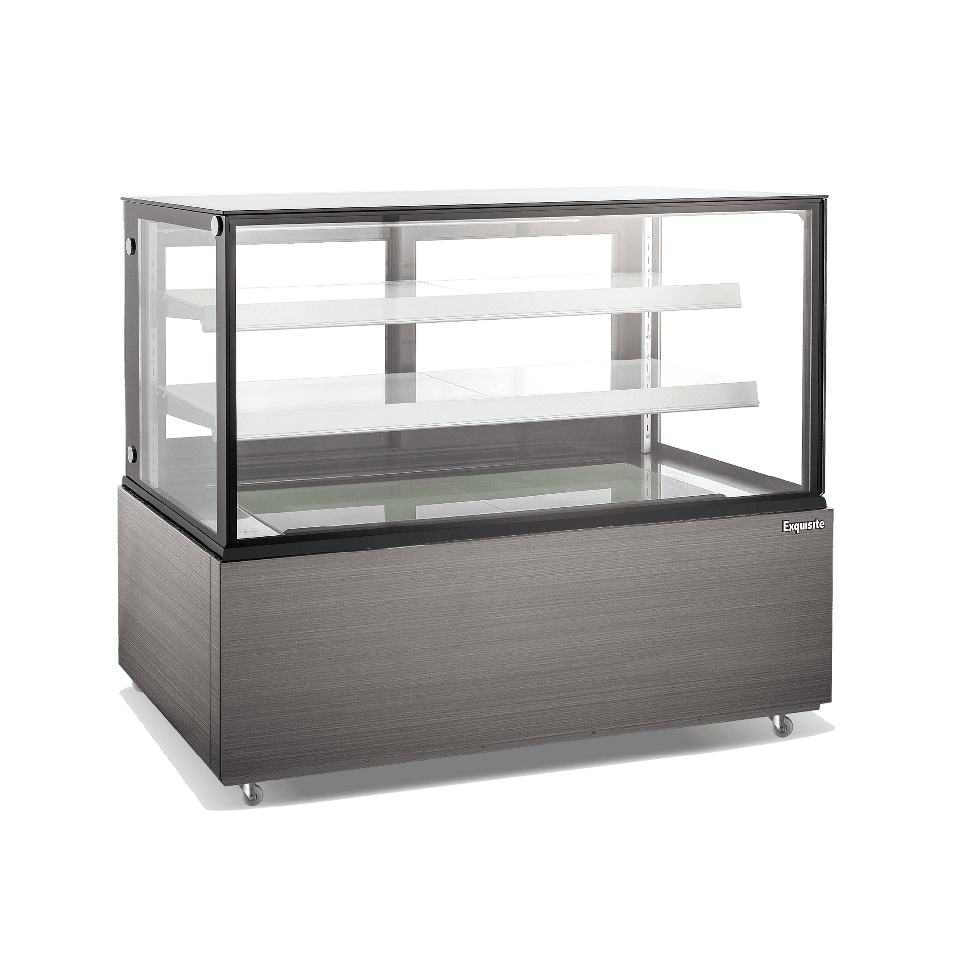 Three-tier rectangular cake display refrigerator with black-painted steel base and clear glass panels.