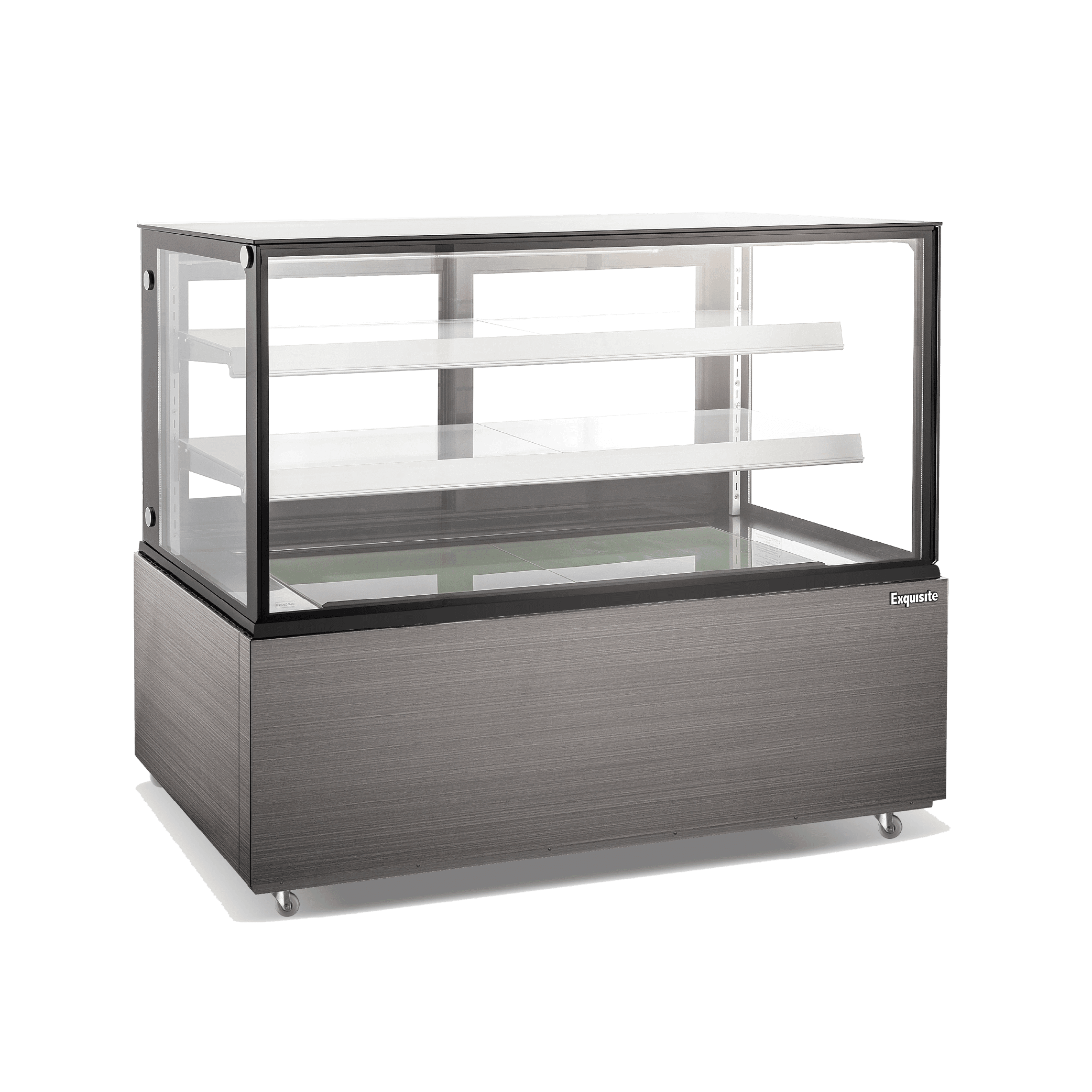 Three-tier rectangular cake display refrigerator with black-painted steel base and clear glass panels.