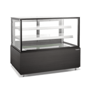 Black three-tier cake display refrigerator with glass panels and painted steel base.