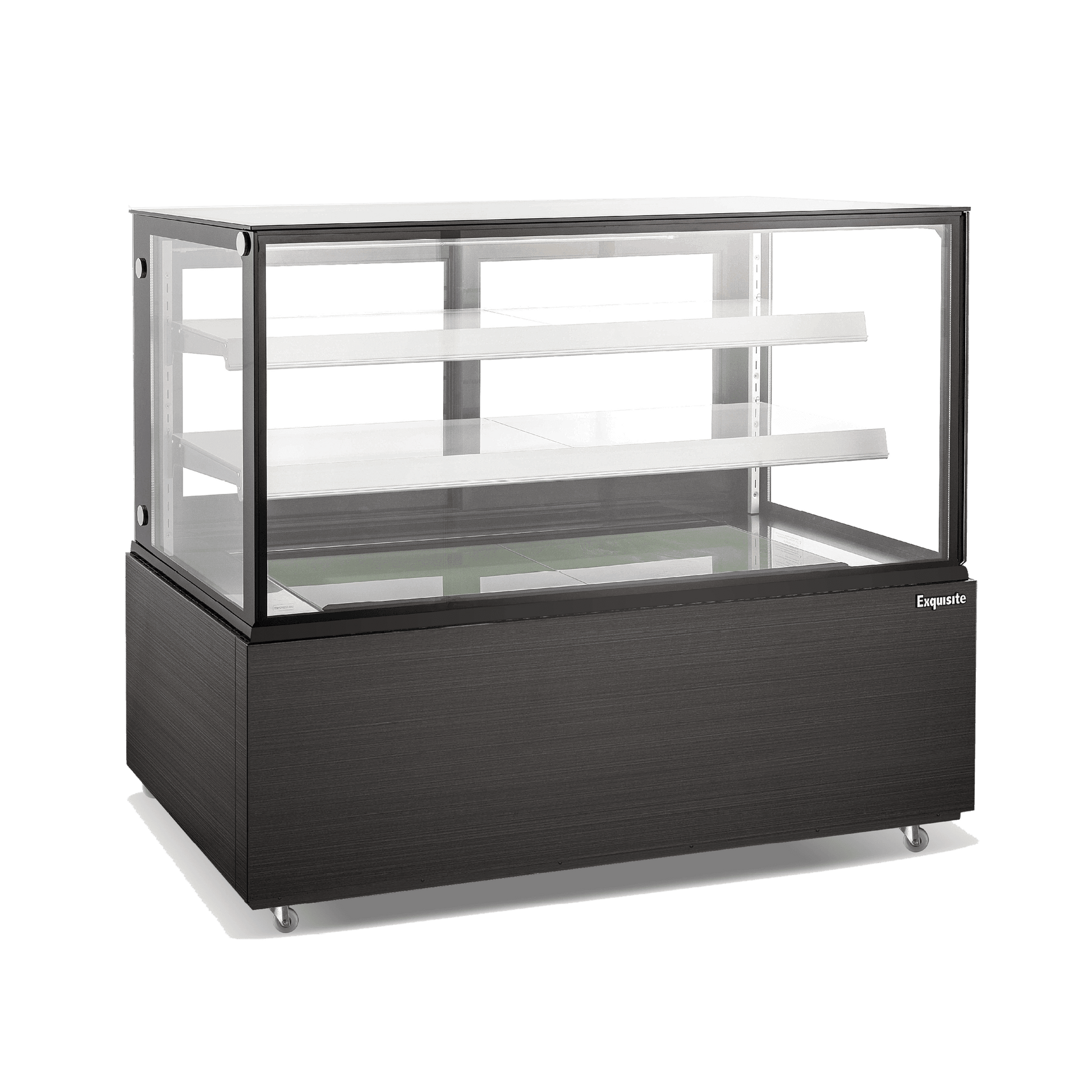 Black three-tier cake display refrigerator with glass panels and painted steel base.