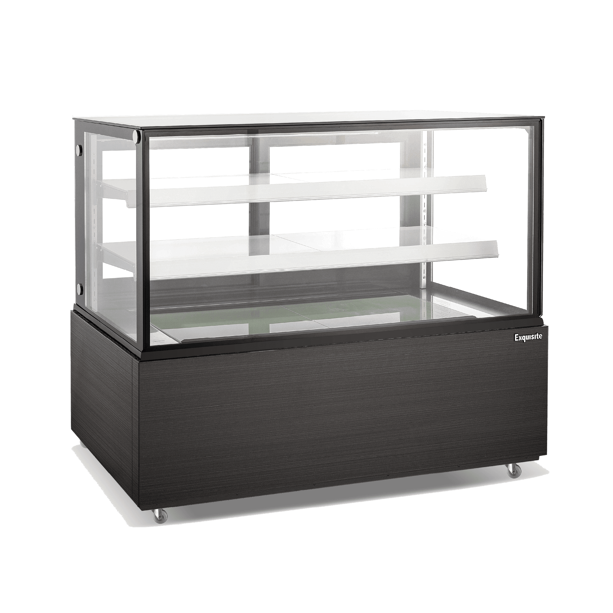Black three-tier cake display refrigerator with glass panels and painted steel base.
