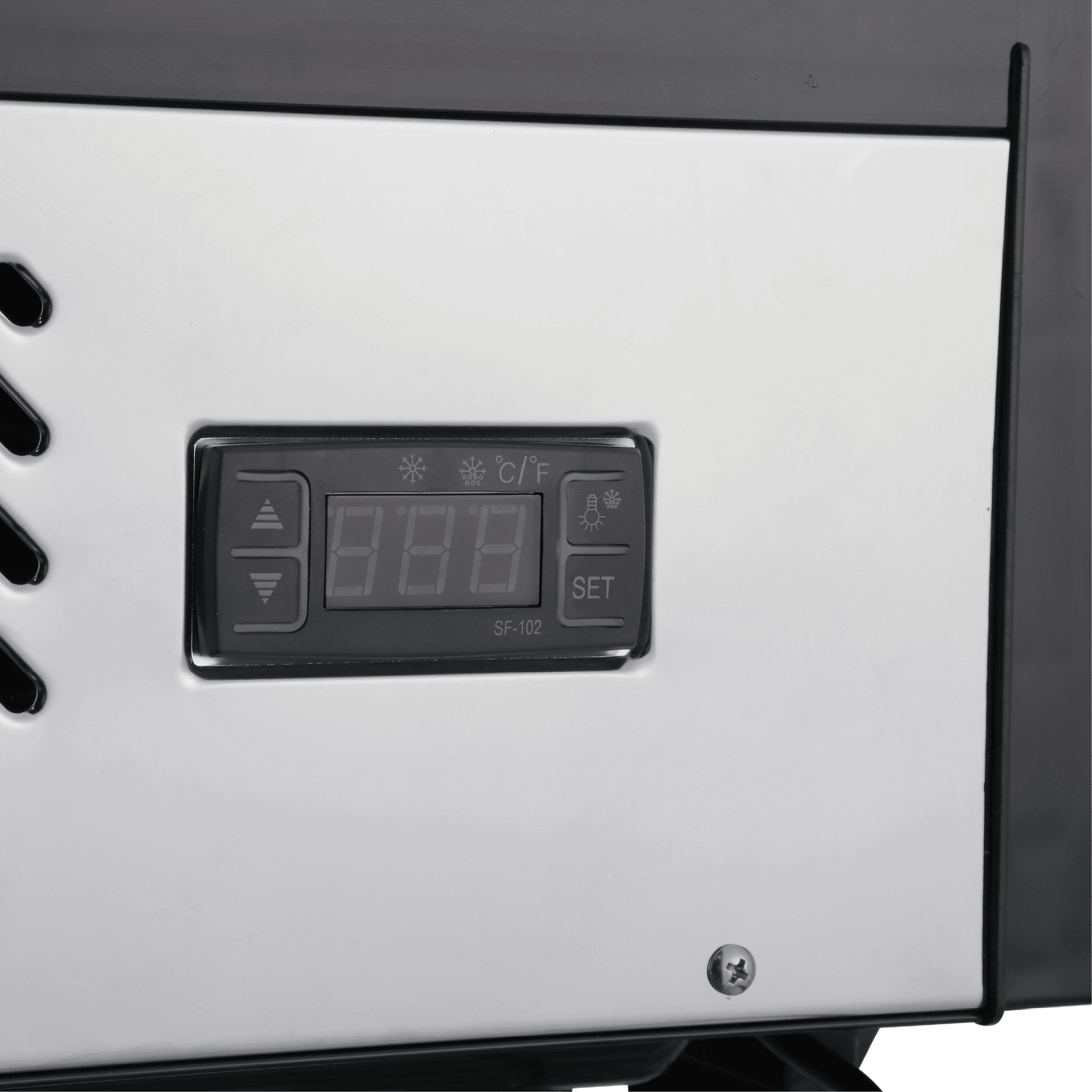 Close-up of stainless steel surface with digital temperature control panel for countertop fridge.