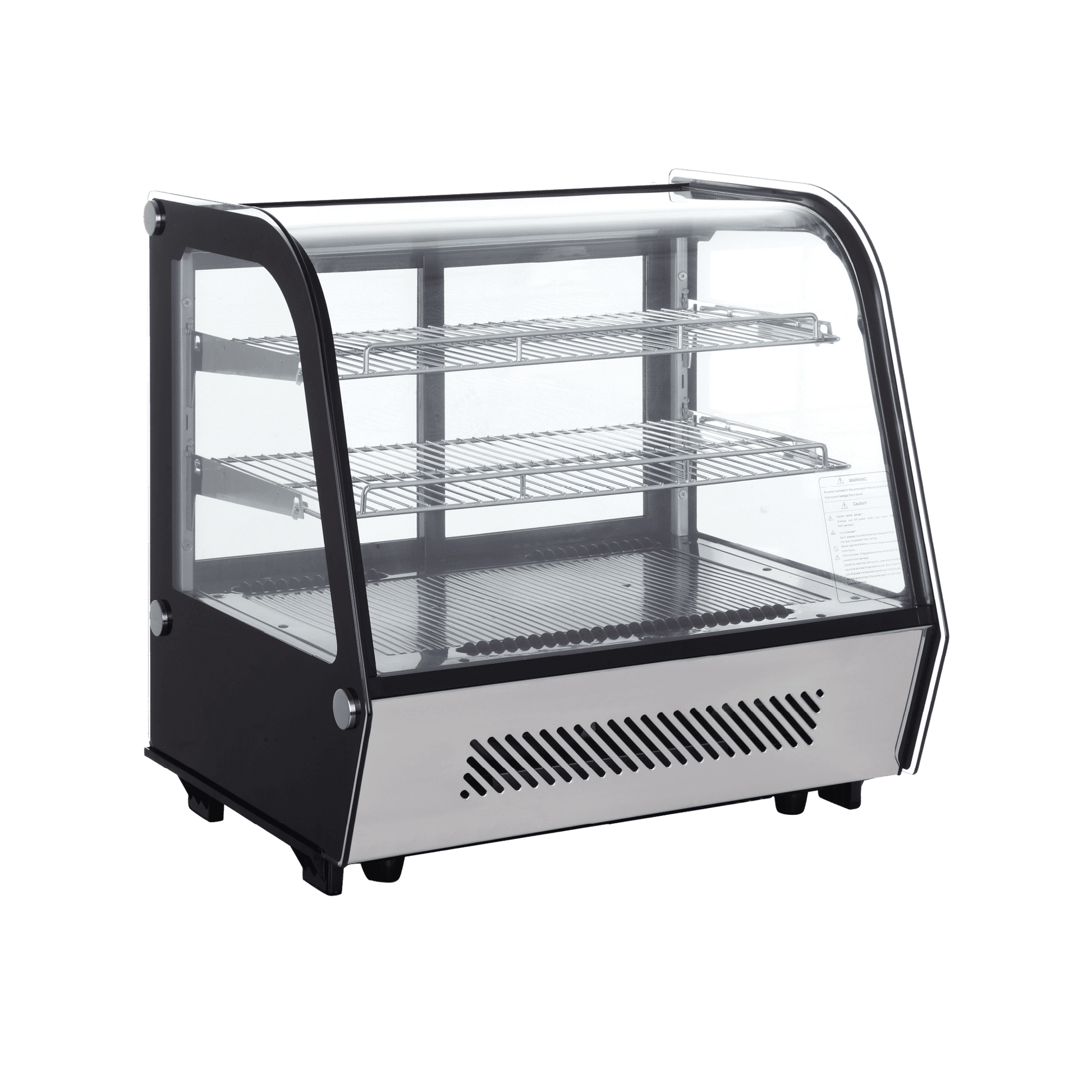 Counter top curved glass cake display refrigerator with three stainless steel shelves and black frame.