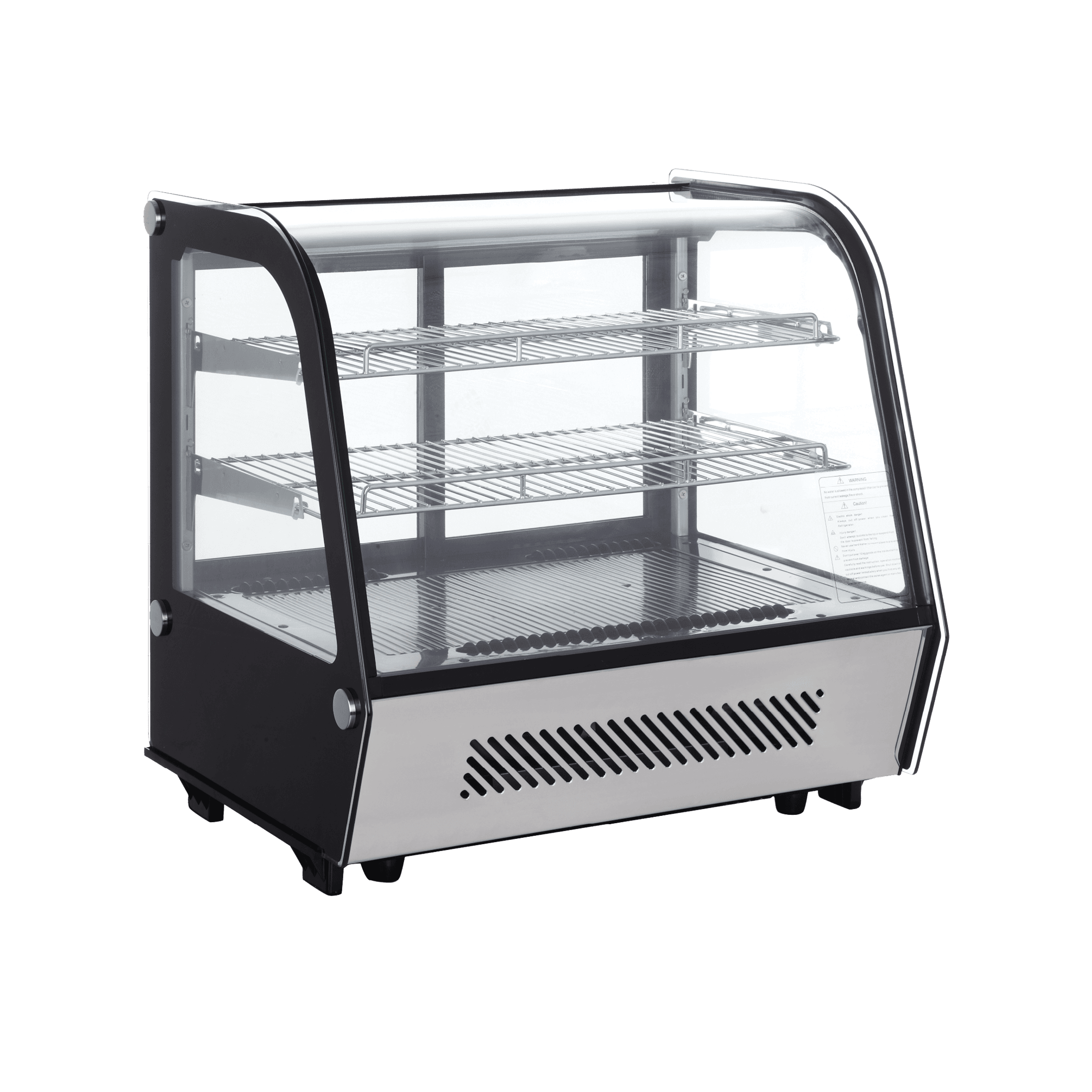 Counter top curved glass cake display refrigerator with three stainless steel shelves and black frame.