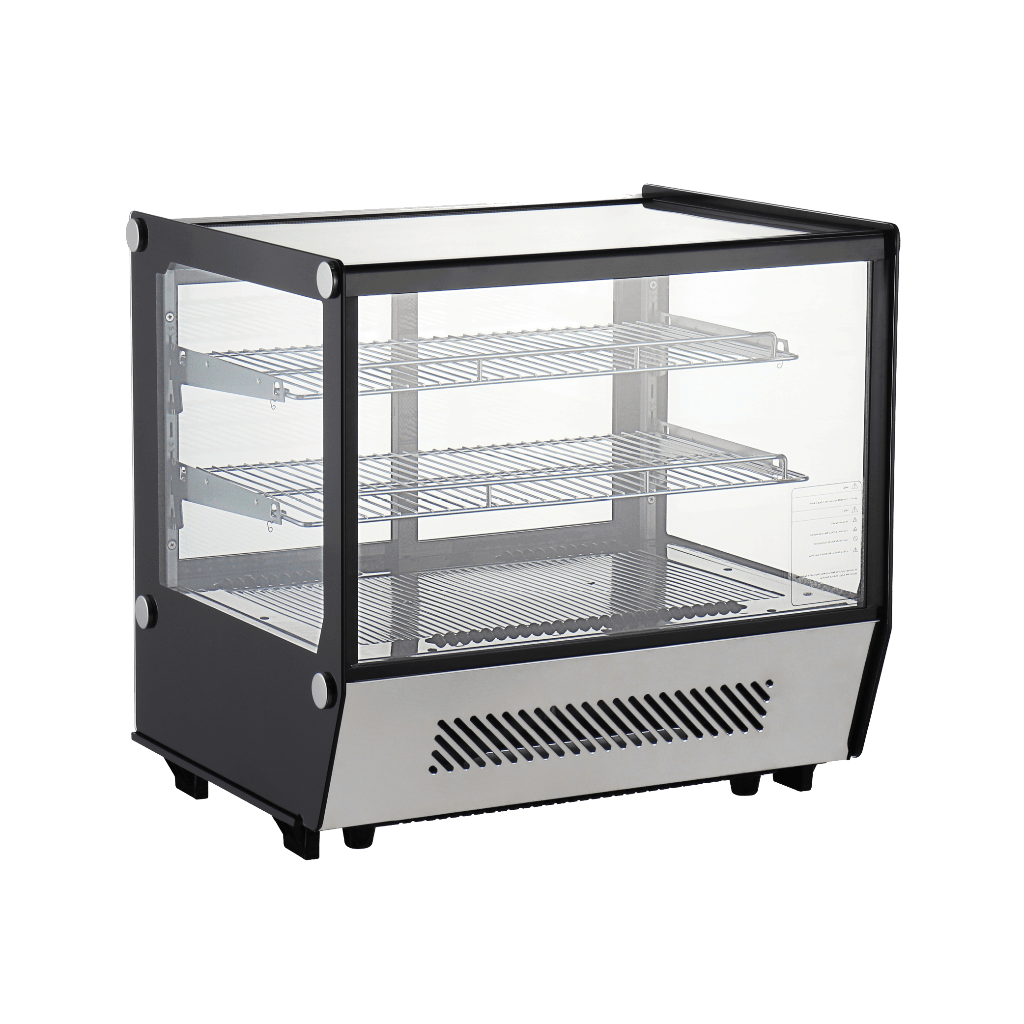 Compact stainless steel and glass counter top cake display refrigerator with three wire shelves and front ventilation panel.