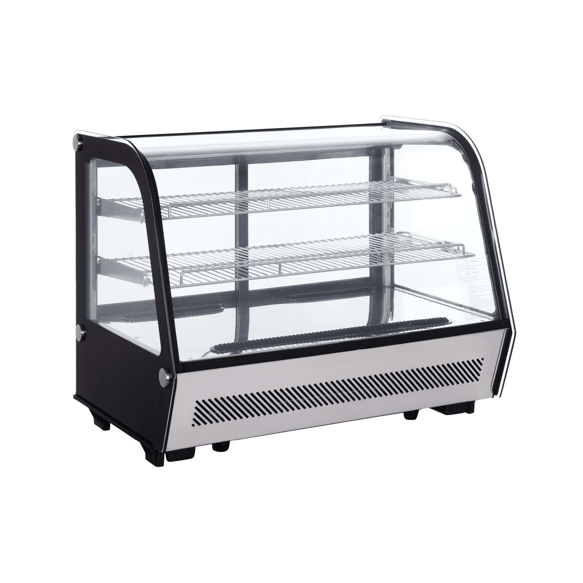 Compact curved glass cake display refrigerator with stainless steel base and two wire shelves.