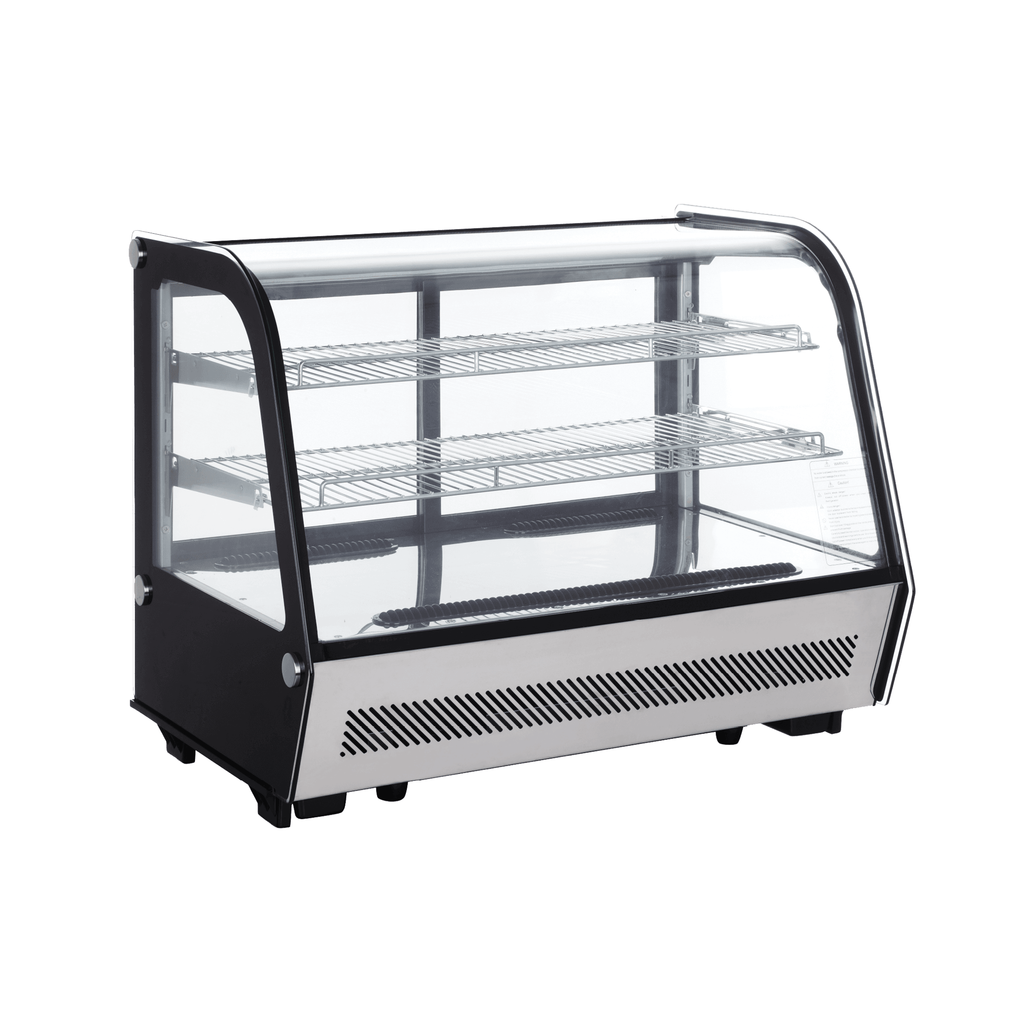 Compact curved glass cake display refrigerator with stainless steel base and two wire shelves.