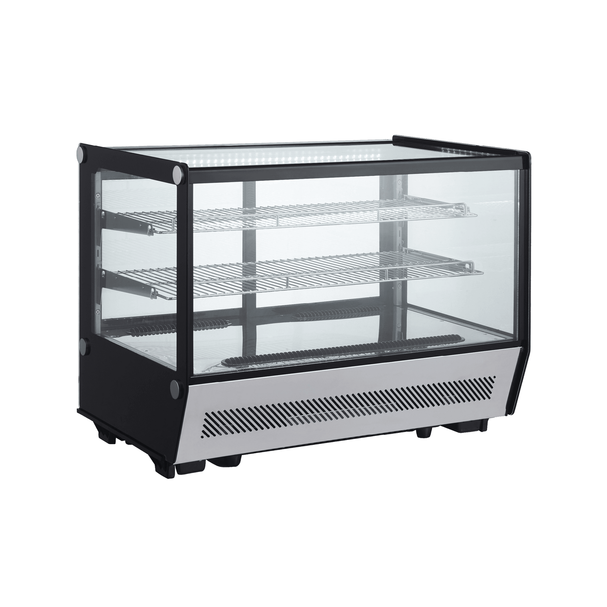 Square countertop cake display refrigerator with stainless steel base and glass panels, three interior wire shelves.