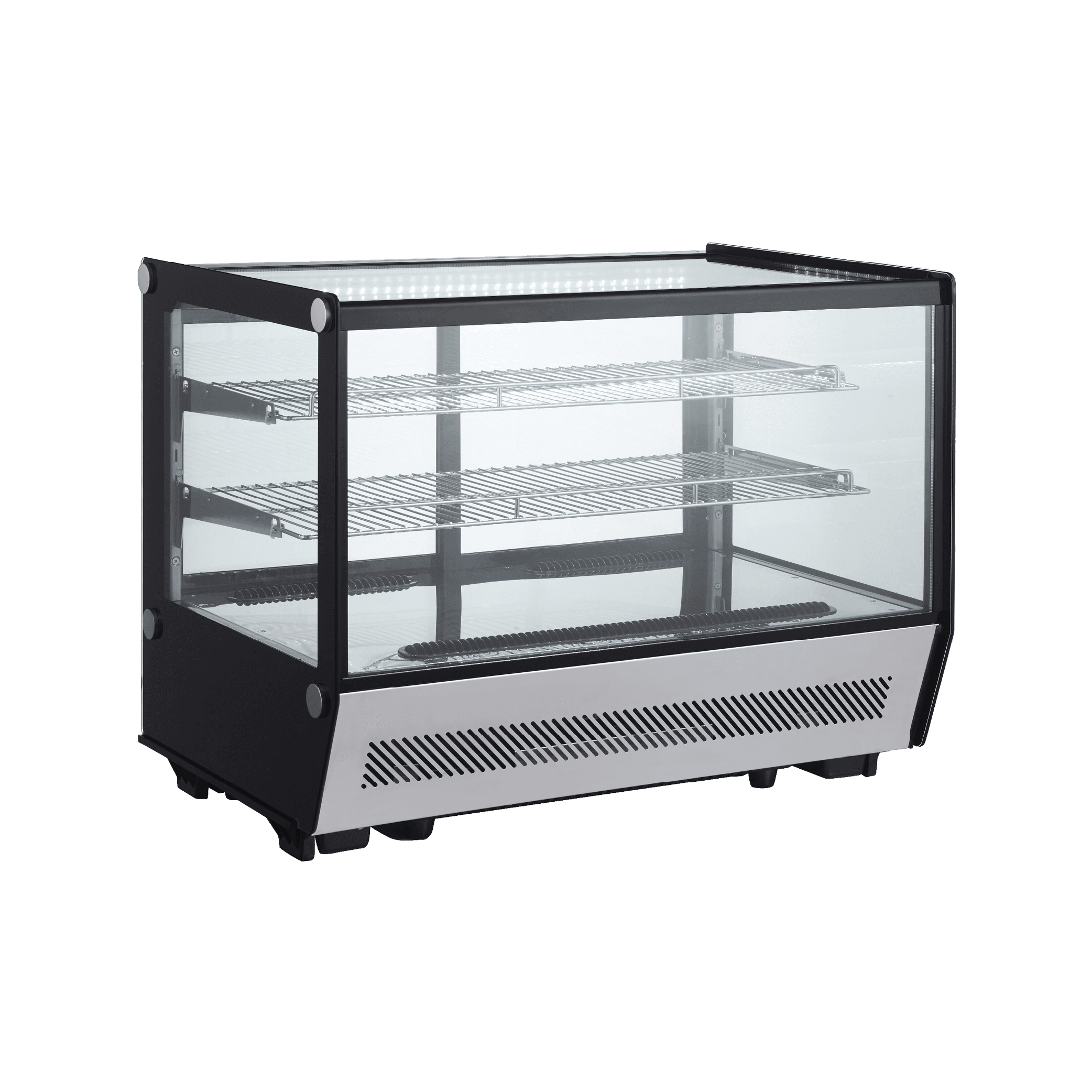 Square countertop cake display refrigerator with stainless steel base and glass panels, three interior wire shelves.