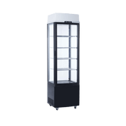 Black upright display refrigerator with four glass sides, multiple adjustable shelves, and LED lighting.