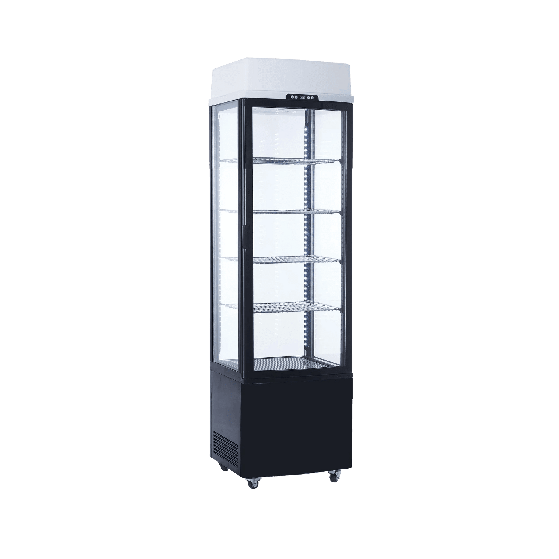 Black upright display refrigerator with four glass sides, multiple adjustable shelves, and LED lighting.