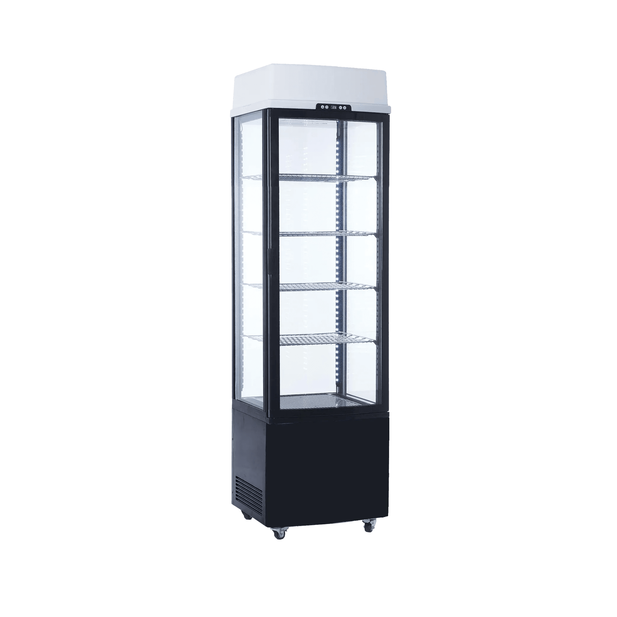 Black upright display refrigerator with four glass sides, multiple adjustable shelves, and LED lighting.