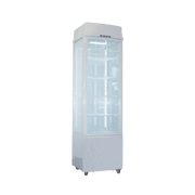White upright glass door display refrigerator with four-sided glass and multiple interior shelves with LED lighting.