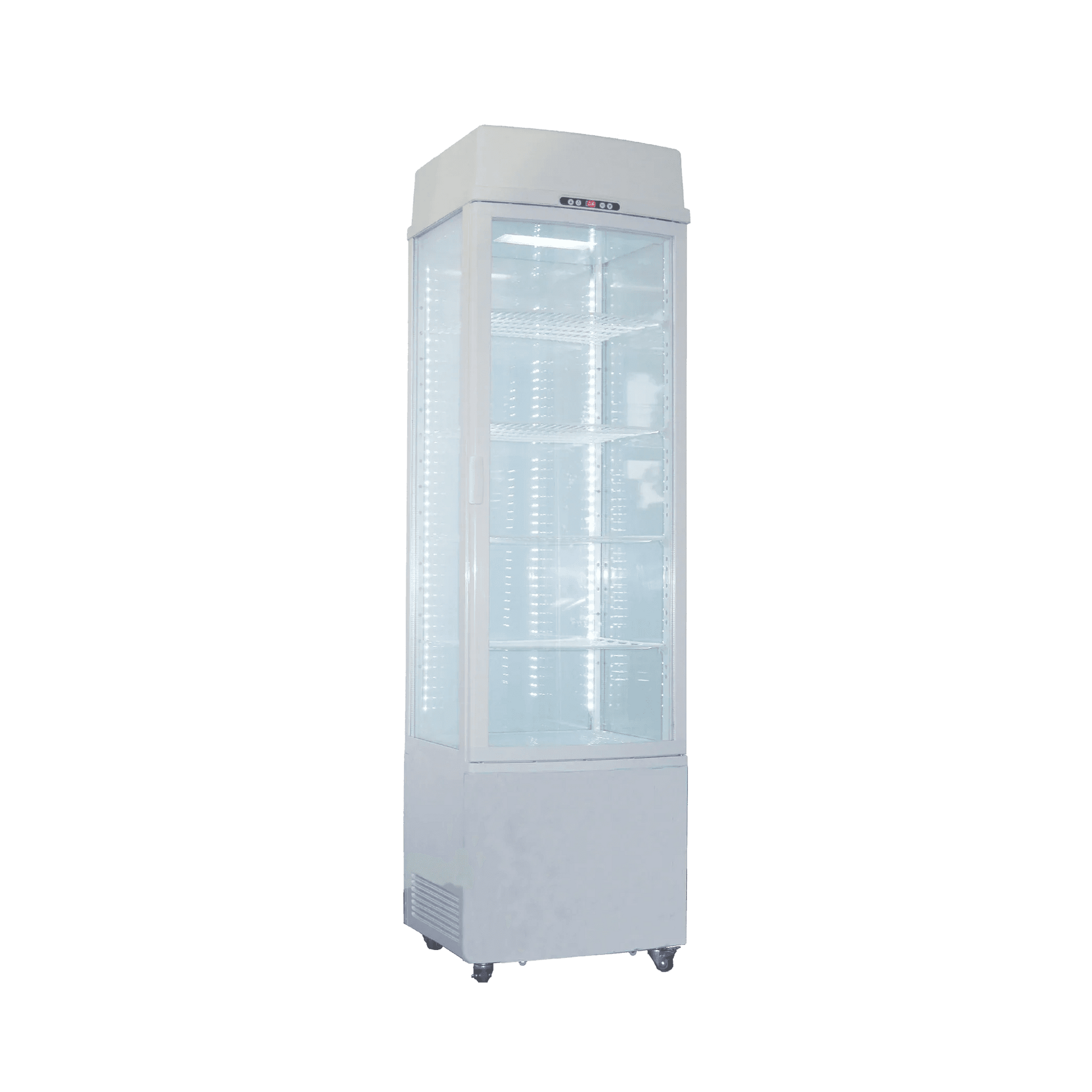 White upright glass door display refrigerator with four-sided glass and multiple interior shelves with LED lighting.