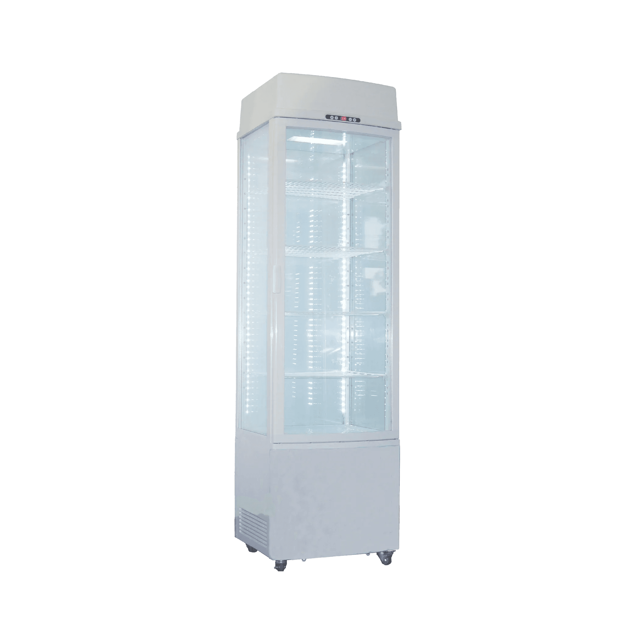 White upright glass door display refrigerator with four-sided glass and multiple interior shelves with LED lighting.