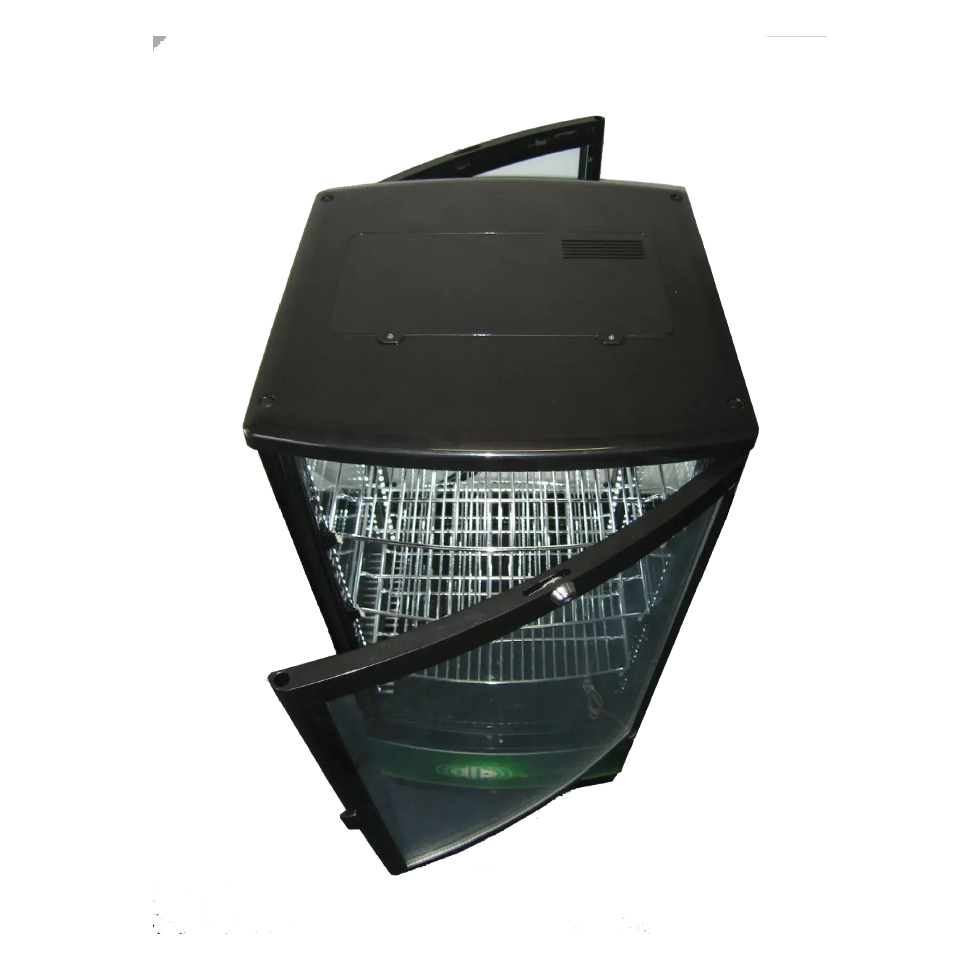 Black four-sided glass display refrigerator with upright glass door and wire shelving inside.