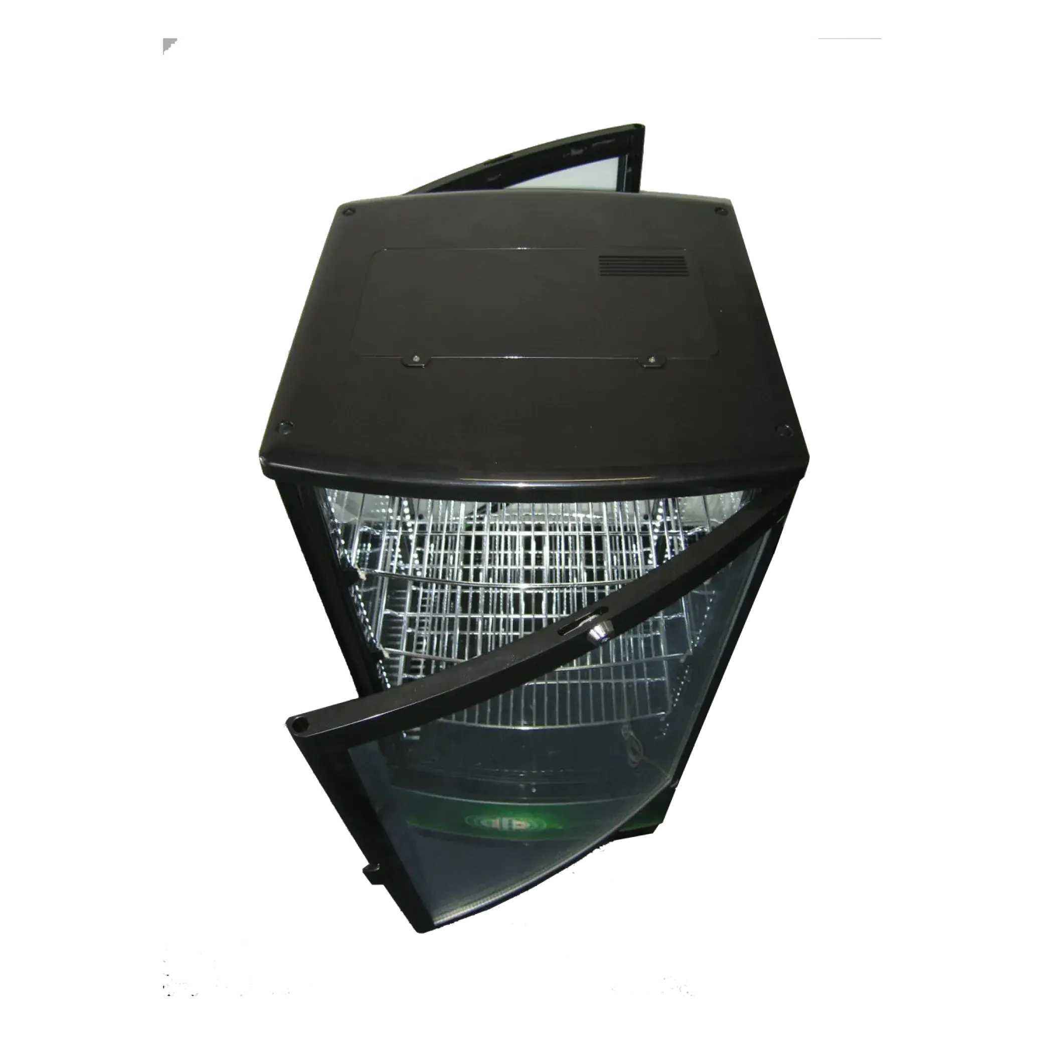 Black four-sided glass display refrigerator with upright glass door and wire shelving inside.