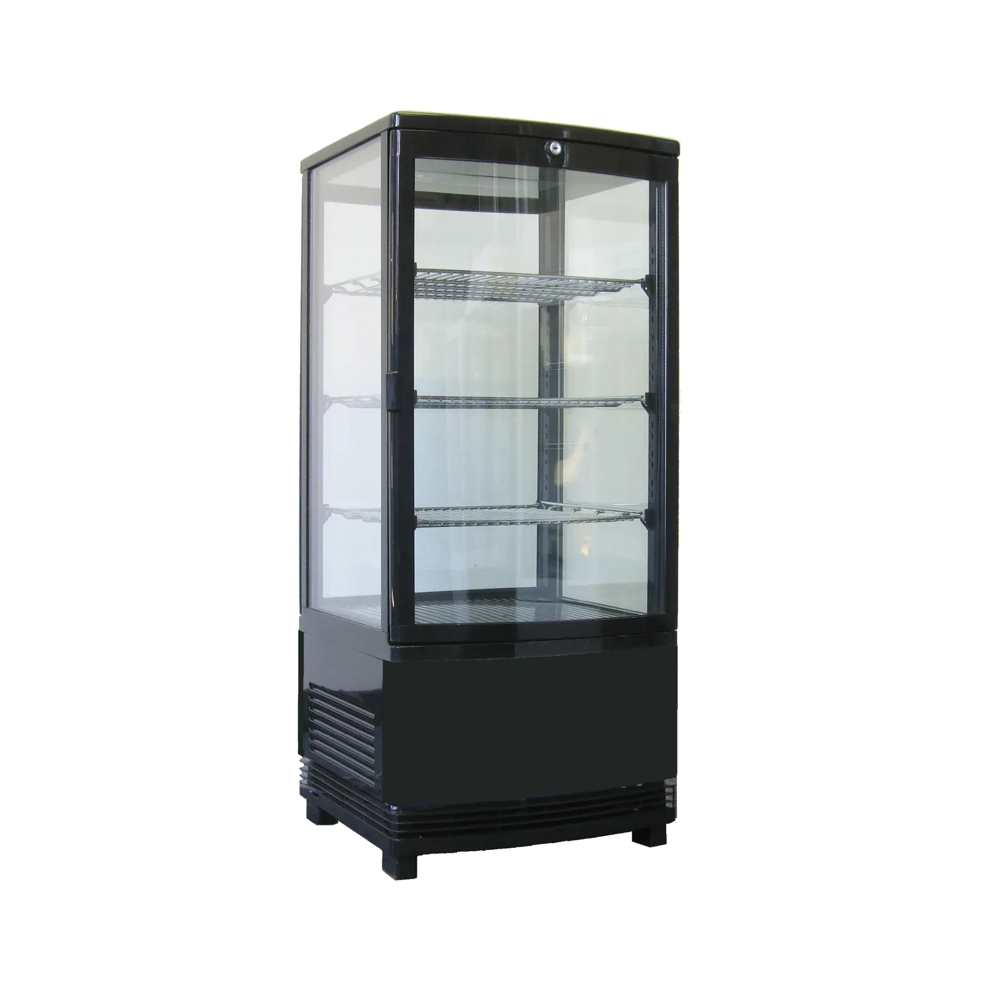 Black four-sided glass countertop display refrigerator with three glass shelves and two corner LED lights.