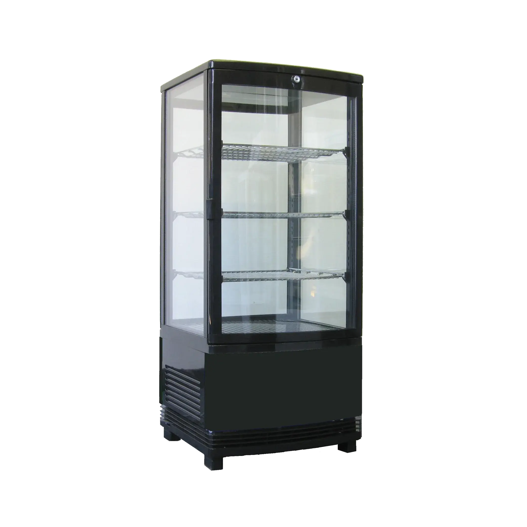 Black four-sided glass countertop display refrigerator with three glass shelves and two corner LED lights.