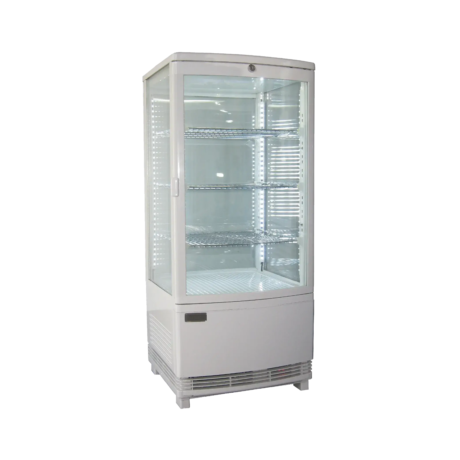 White four-sided glass countertop display refrigerator with three wire shelves and corner LED lights.
